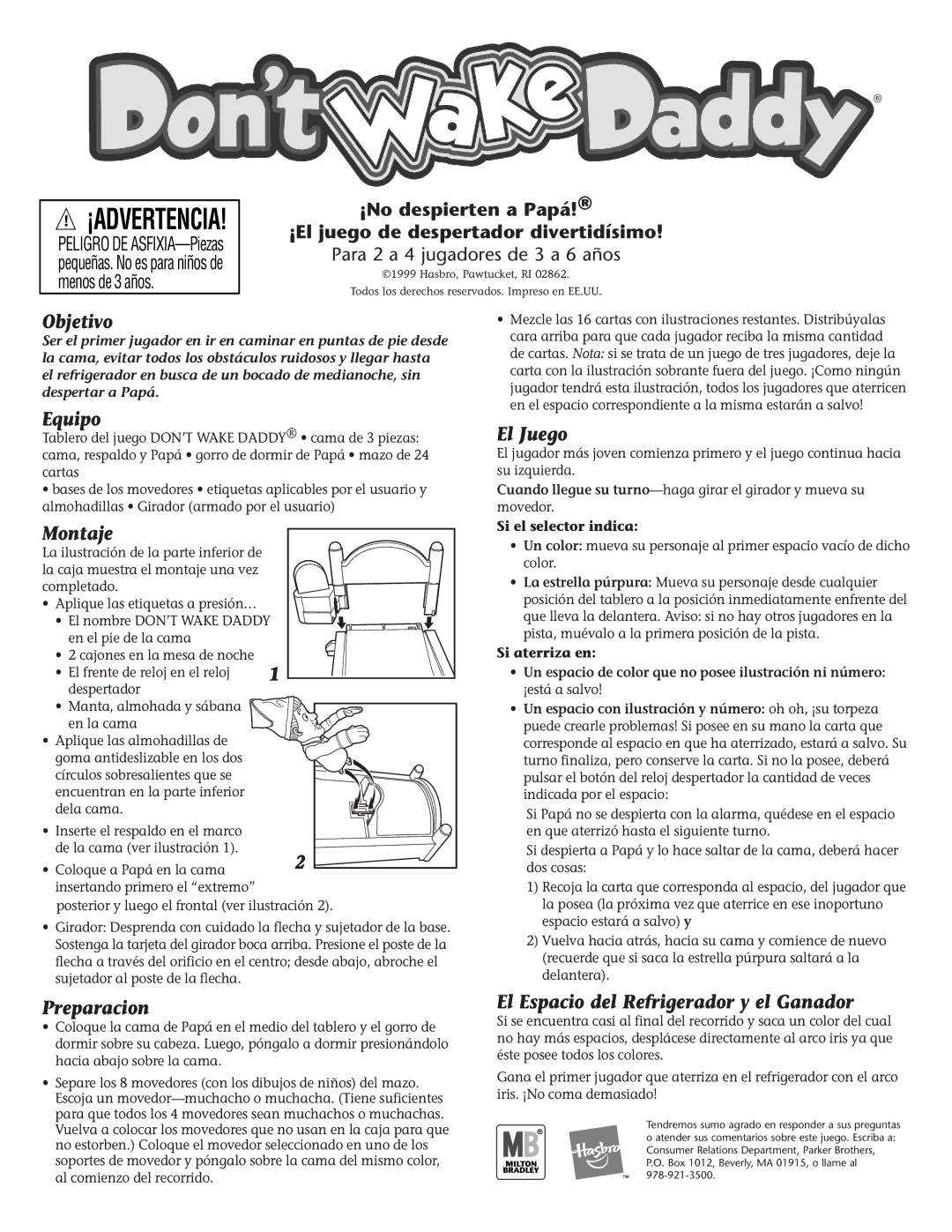 Hasbro Alarm Clock Game manual Objetivo, Equipo, Montaje, El Juego, Preparacion, El Espacio del Refrigerador y el Ganador 