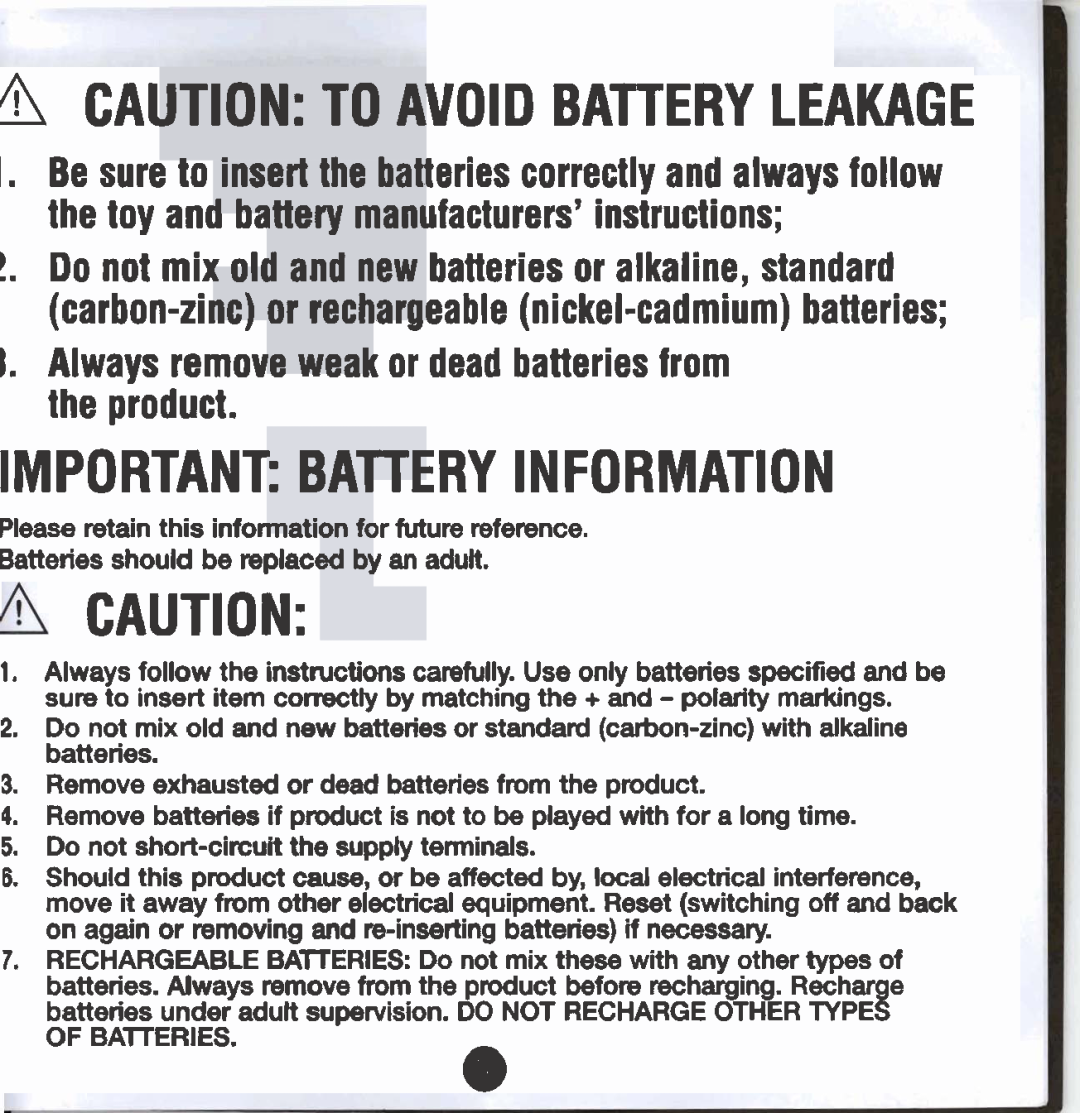 Hasbro Ampd manual I. Always remove weak or dead batteries from the product, Important Battery Information 