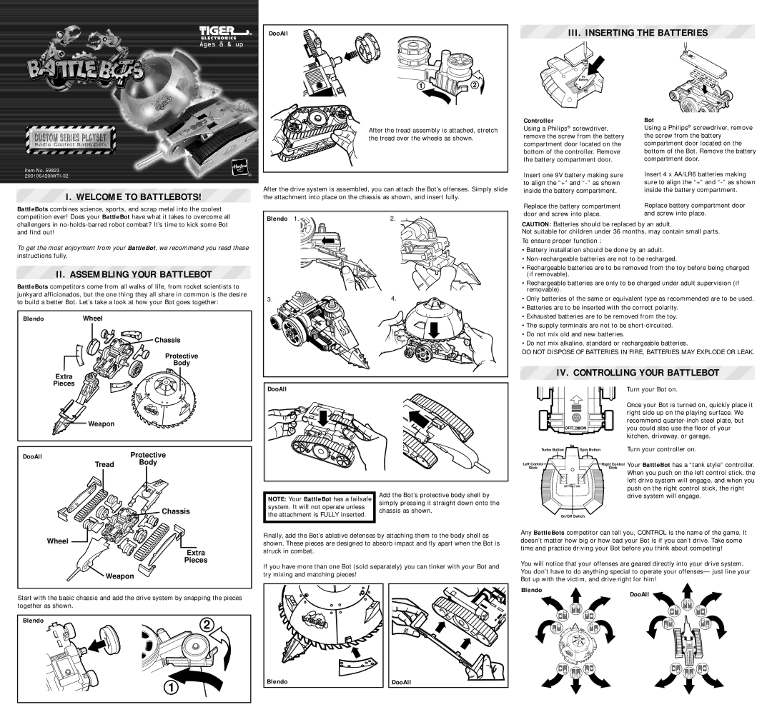 Hasbro manual III. Inserting the Batteries, Welcome to Battlebots, II. Assembling Your Battlebot 