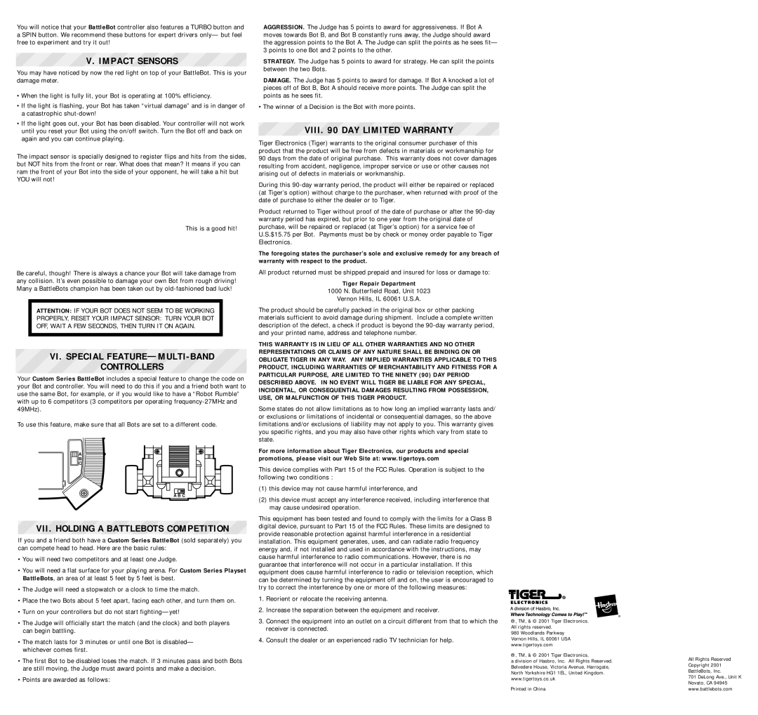 Hasbro manual Impact Sensors, VI. Special FEATURE-MULTI-BAND Controllers, VII. Holding a Battlebots Competition 