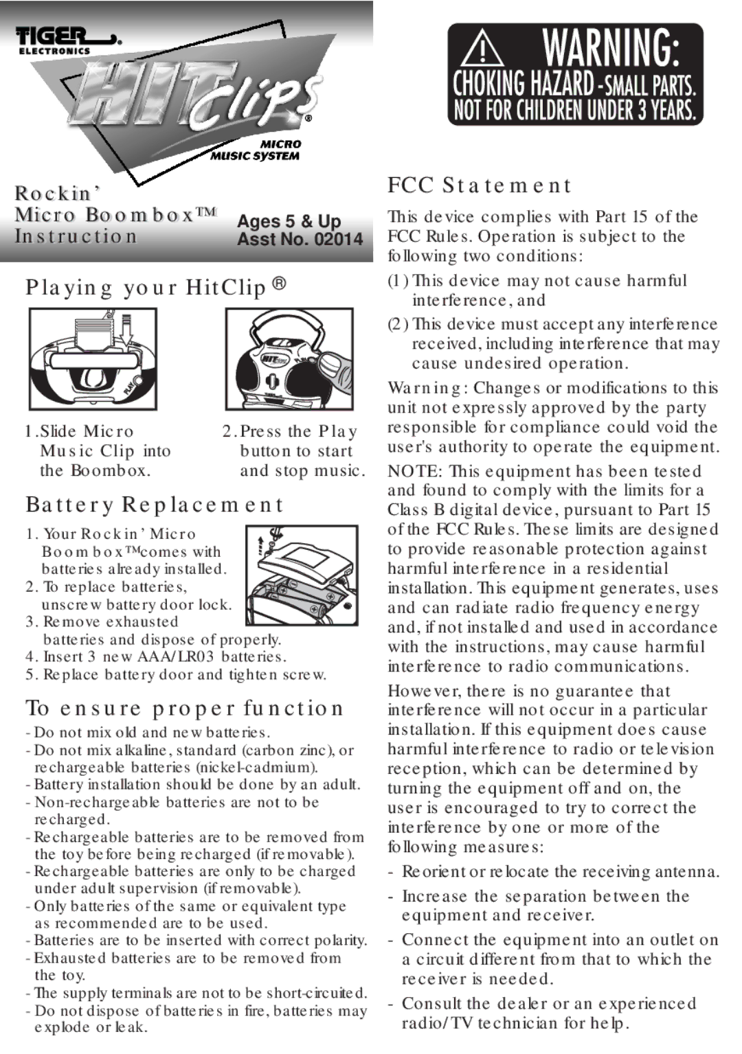 Hasbro Boombox manual Playing your HitClip, Battery Replacement, To ensure proper function, FCC Statement 