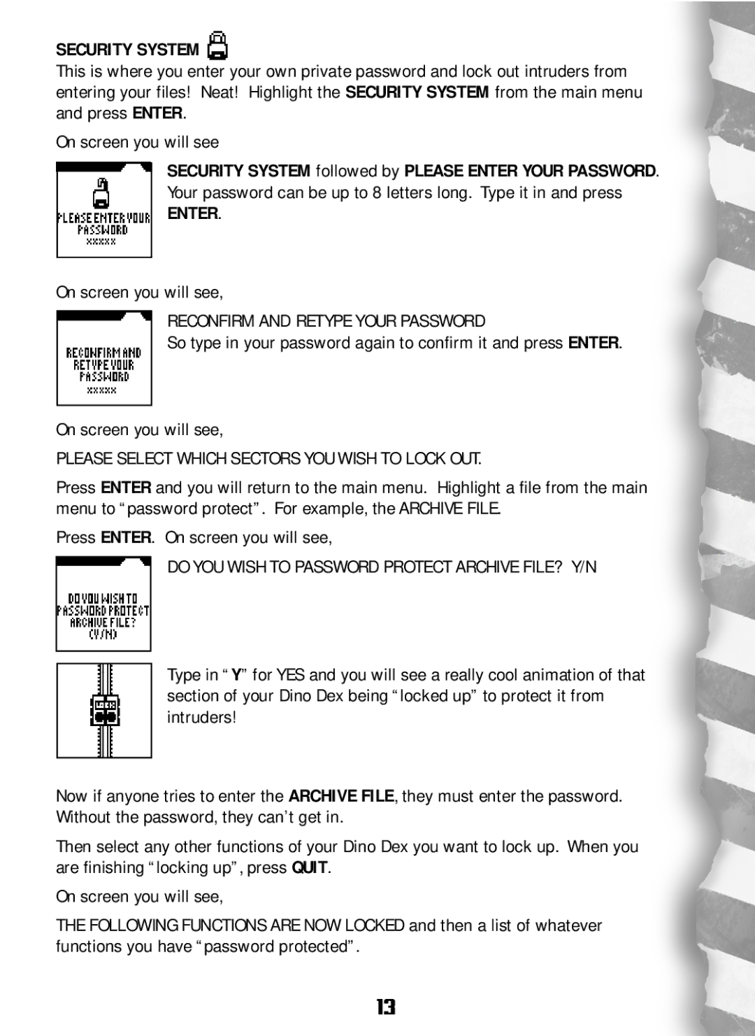 Hasbro Dino Dex Security System, Reconfirm and Retype Your Password, Please Select Which Sectors YOU Wish to Lock OUT 