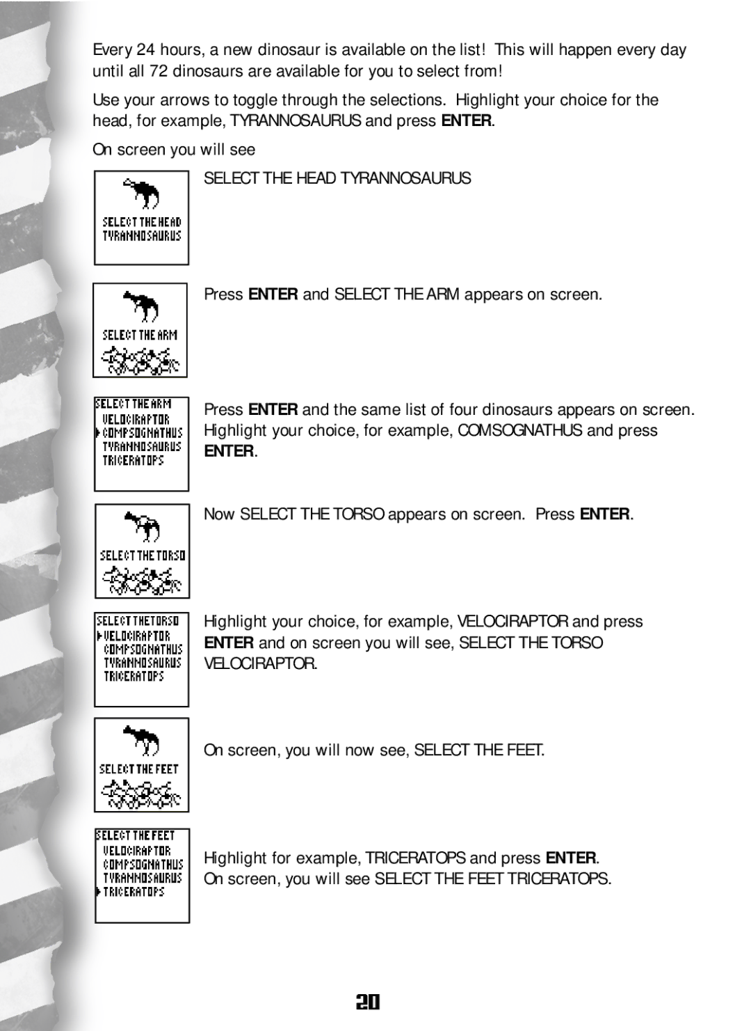 Hasbro Dino Dex manual Select the Head Tyrannosaurus, Press Enter and Select the ARM appears on screen, Velociraptor 