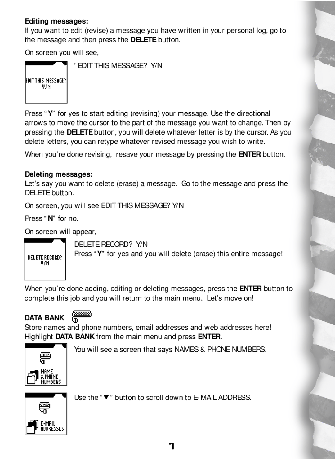 Hasbro Dino Dex manual Editing messages, Edit this MESSAGE? Y/N, Deleting messages, Delete RECORD? Y/N, Data Bank 