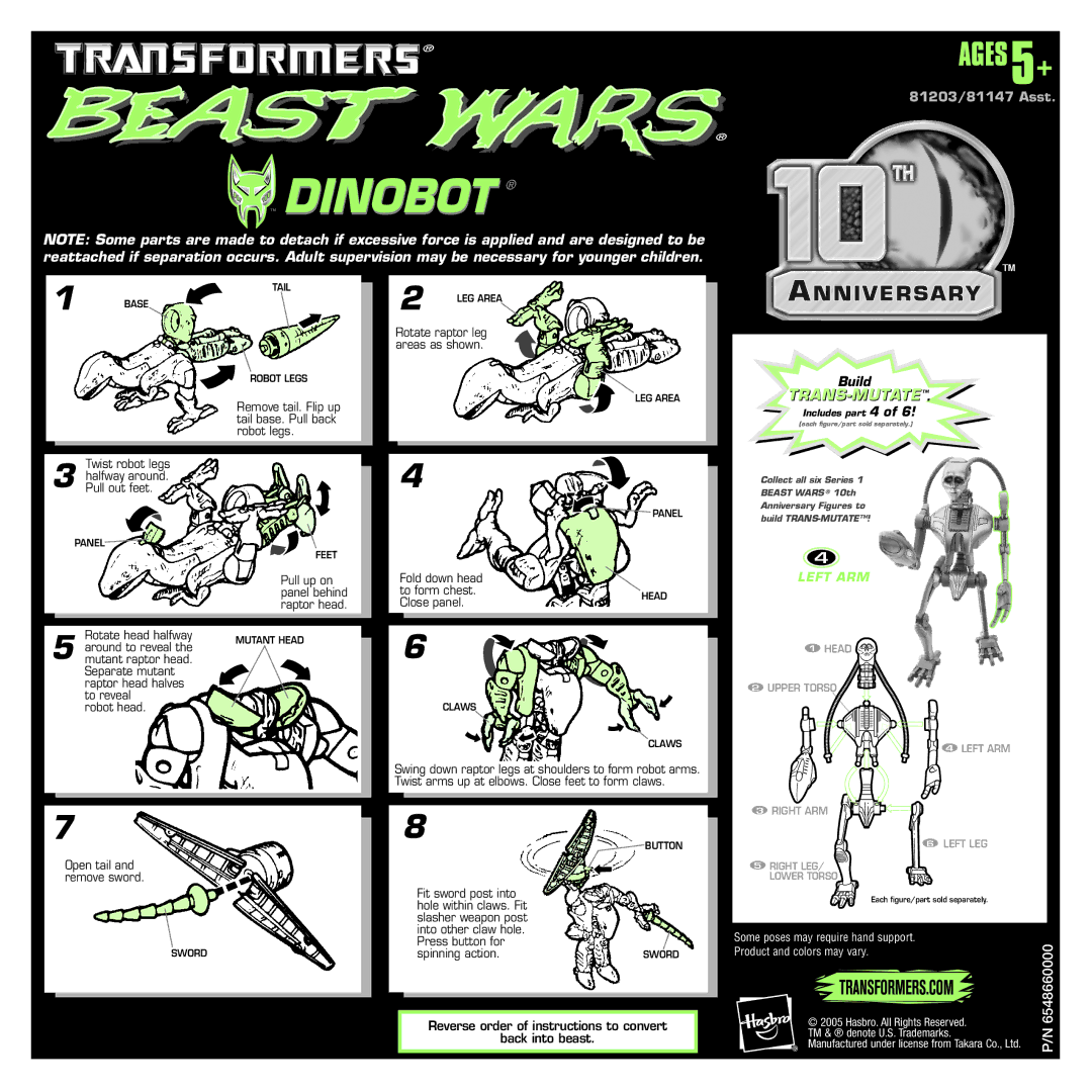 Hasbro Dinobot manual Trans-Mutate, 81203/81147 Asst, Left ARM, Reverse order of instructions to convert Back into beast 