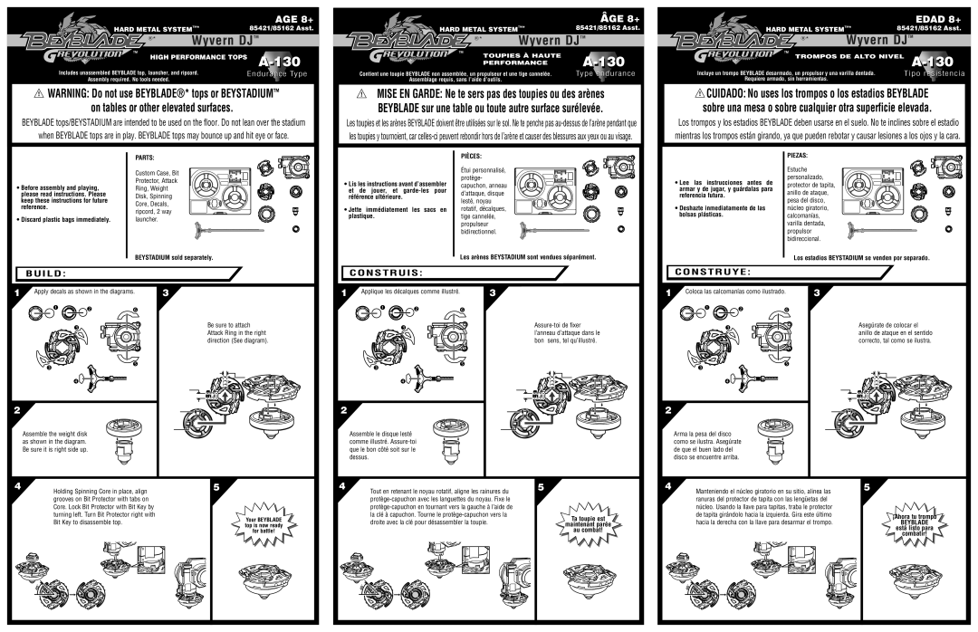 Hasbro DJ 85421 manual Build Construis Construye, Parts, Pièces, Piezas, Beyblade 