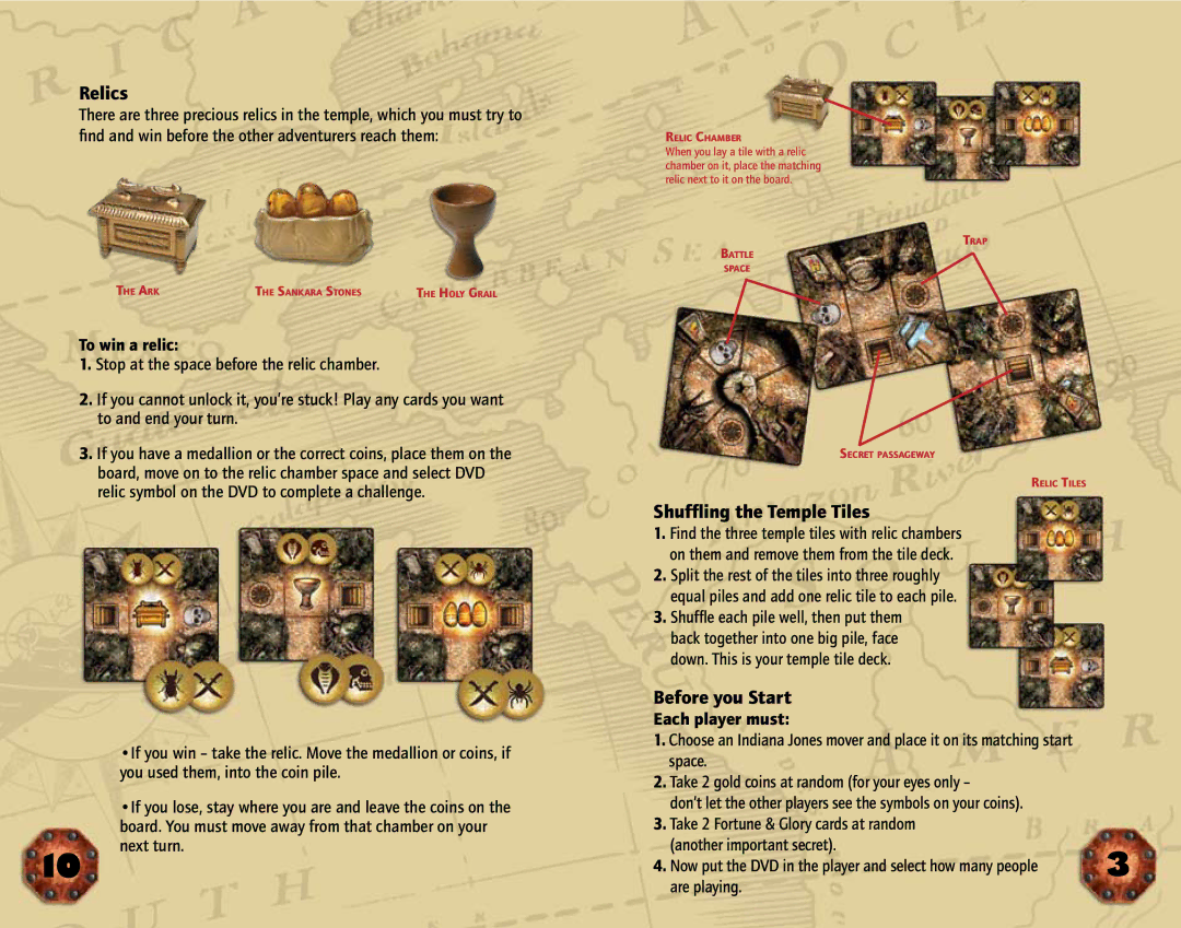 Hasbro DVD Adventure Game manual Relics, Shuffling the Temple Tiles, Before you Start, To win a relic, Each player must 