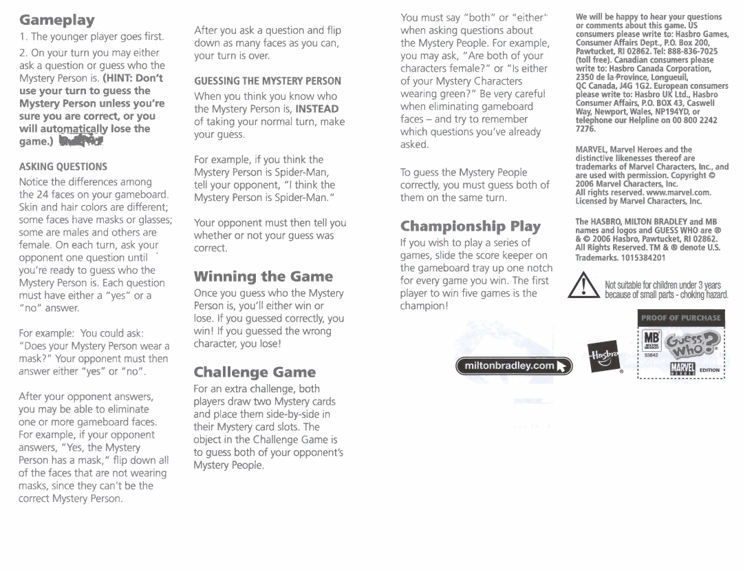 Hasbro Gameboard manual Winning the Game, Challenge Game, Gameplay, Championship Play 