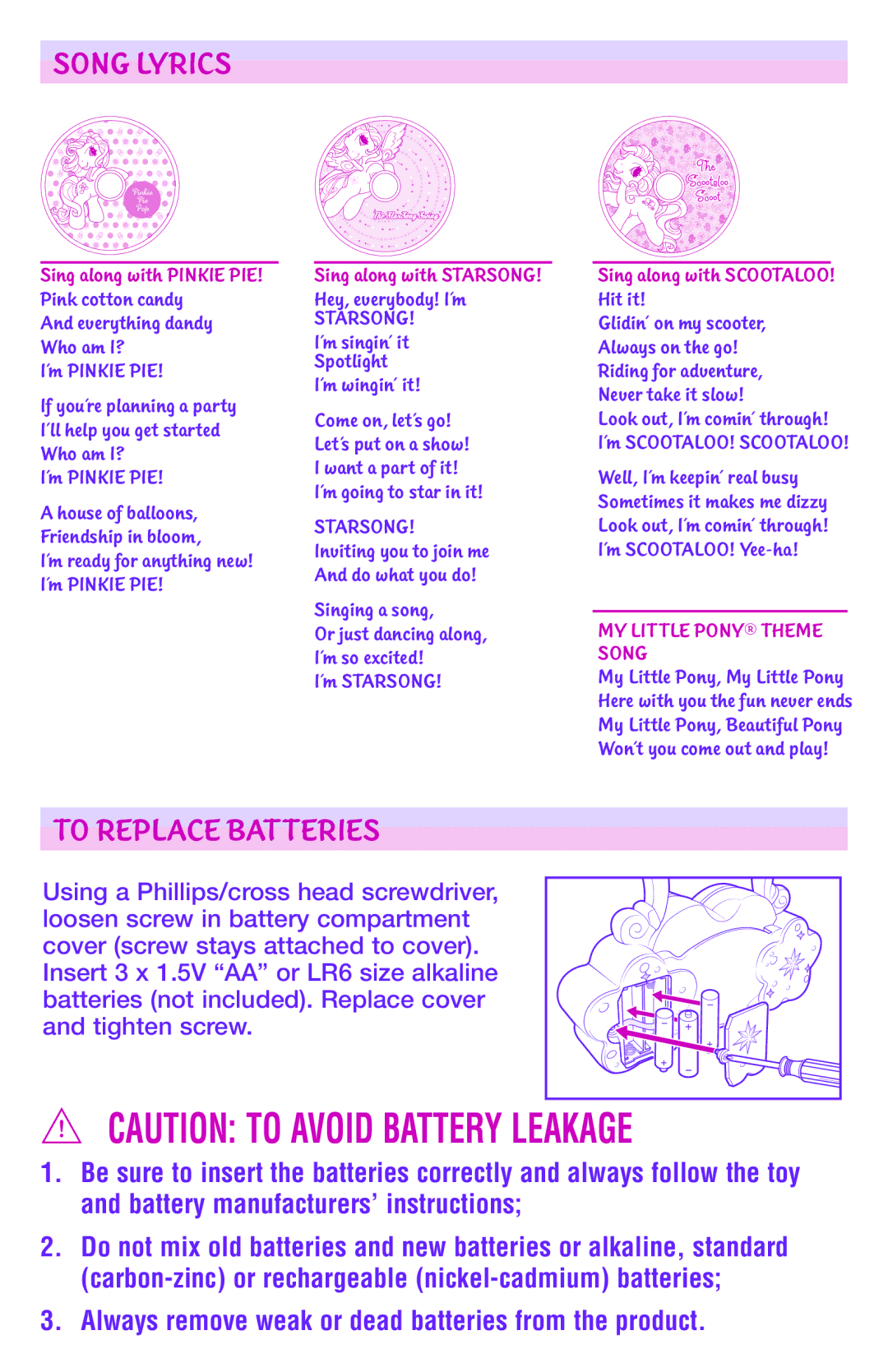 Hasbro GES 3+ manual Song Lyrics, To Replace Batteries 