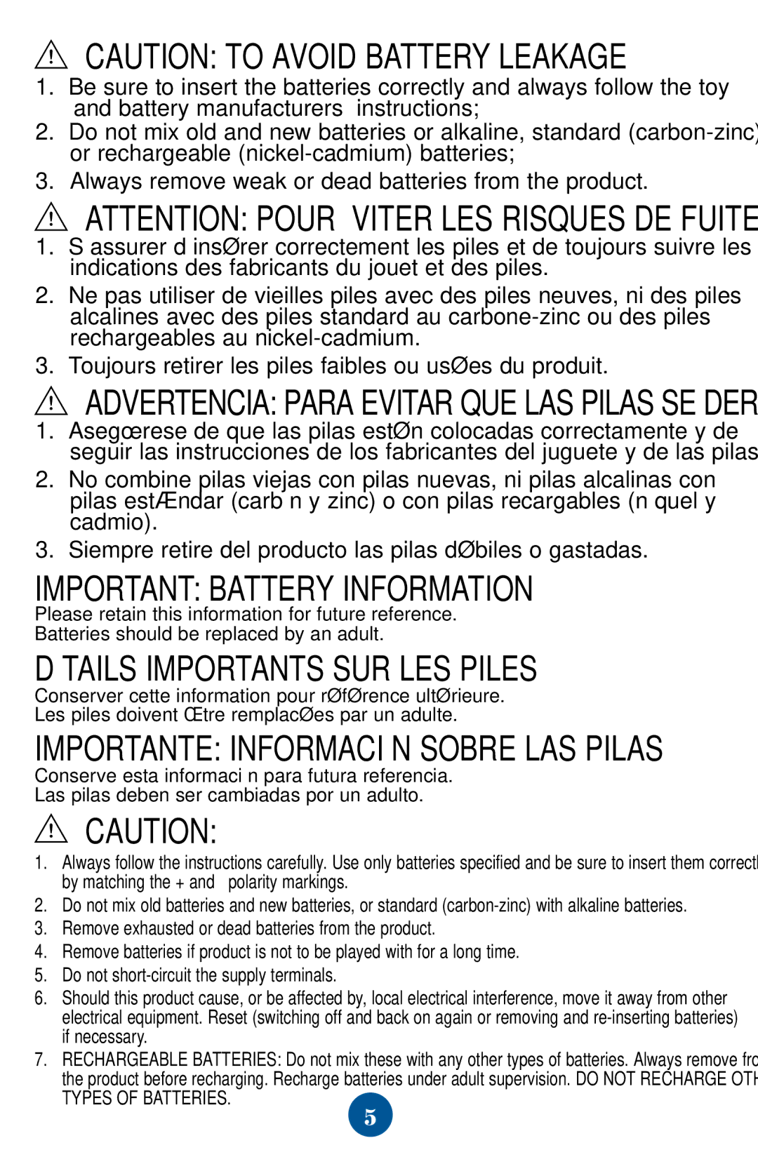 Hasbro Igglepiggle manual Important Battery Information, Détails Importants SUR LES Piles 