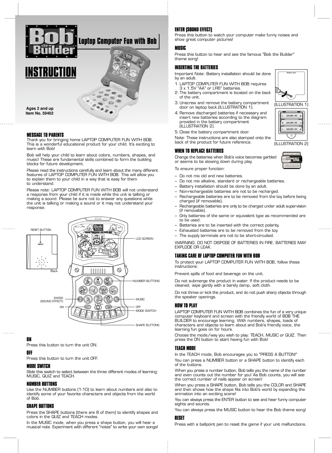 Hasbro Laptop Computer Fun with Bob manual Enter Sound Effect, Music, Message to Parents, Inserting the Batteries, Off 