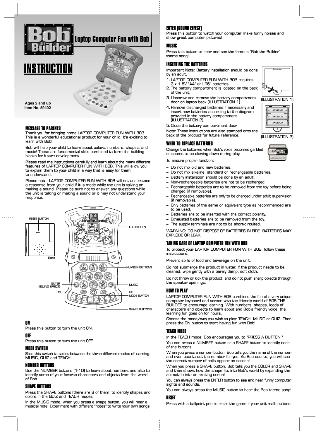 Hasbro Laptop Computer Fun with Bob manual Instruction 