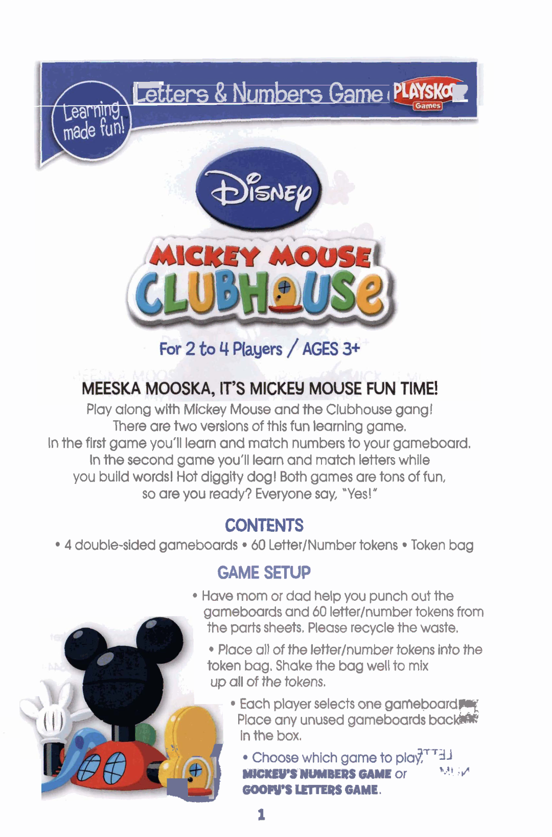 Hasbro Mickey Mouse Clubhouse manual Letters & Numbers GameP 