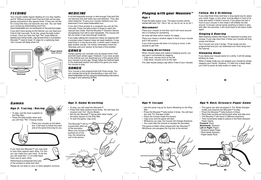 Hasbro Mousies instruction manual Feeding, Medicine, Games, Songs 