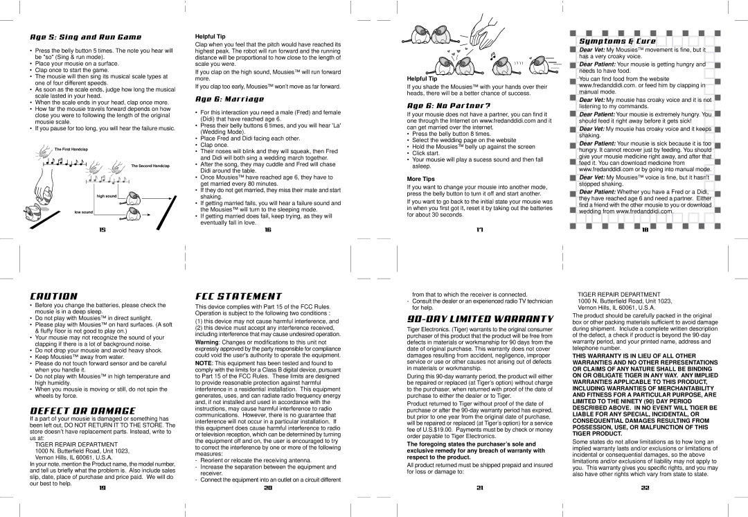 Hasbro Mousies instruction manual Defect or Damage, FCC Statement, DAY Limited Warranty 