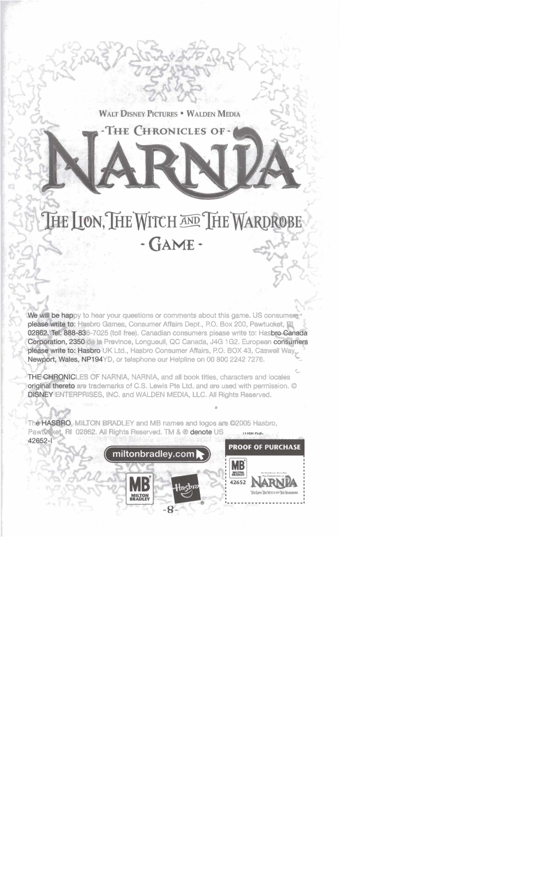 Hasbro Narnia manual 5toll free. Canadianconsumers please write to Has 