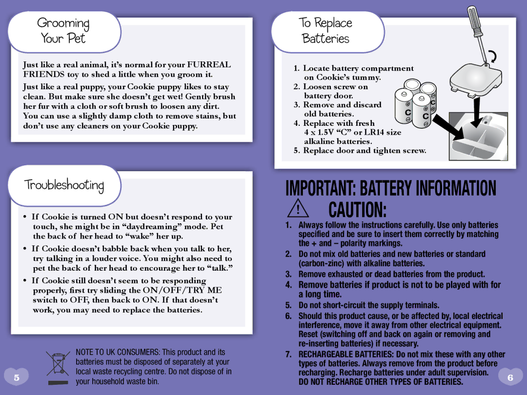 Hasbro PN7143-45000 manual Grooming Your Pet, Troubleshooting, To Replace Batteries 