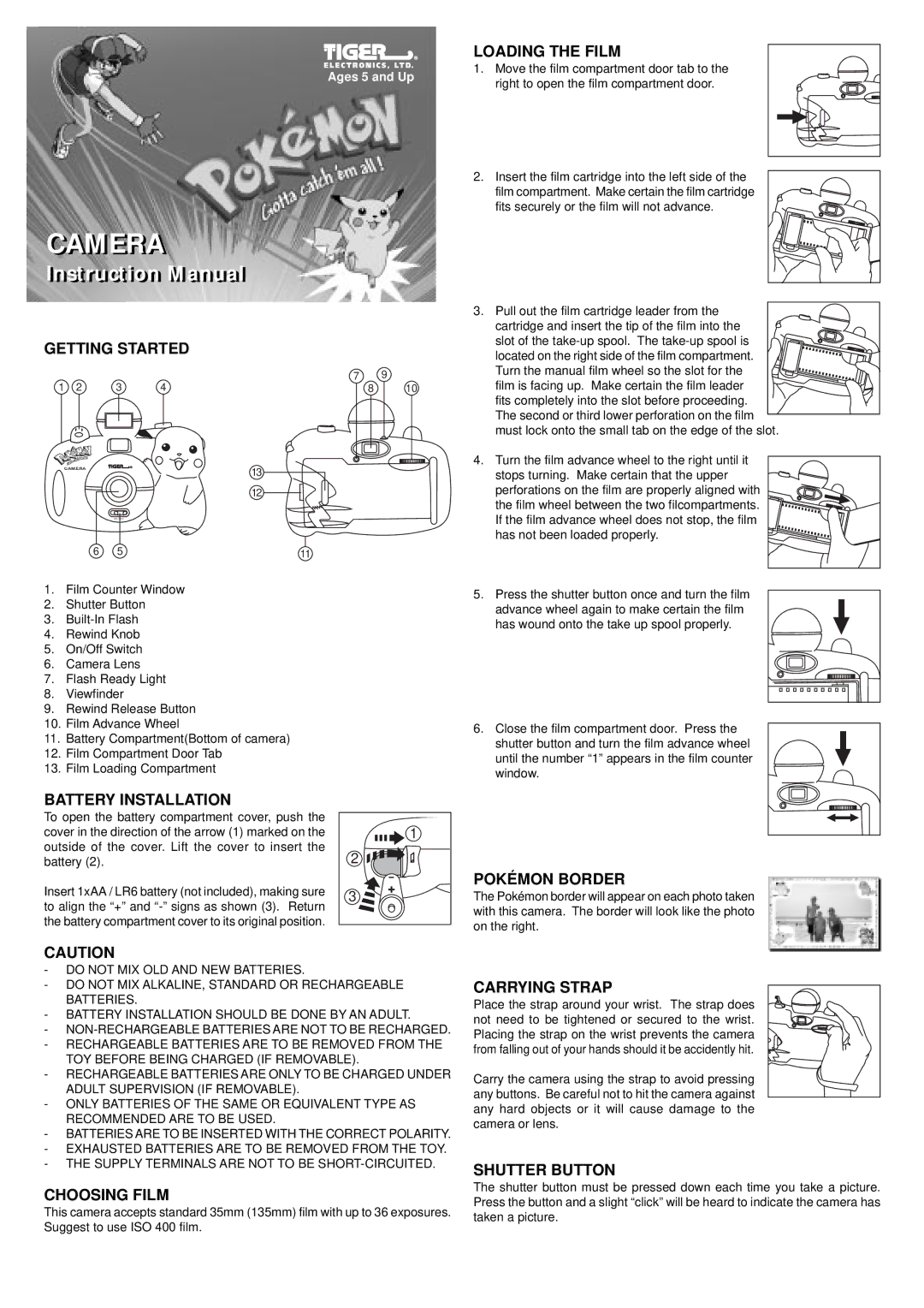 Hasbro Pokemon Camera instruction manual Getting Started, Loading the Film, Battery Installation, Choosing Film 