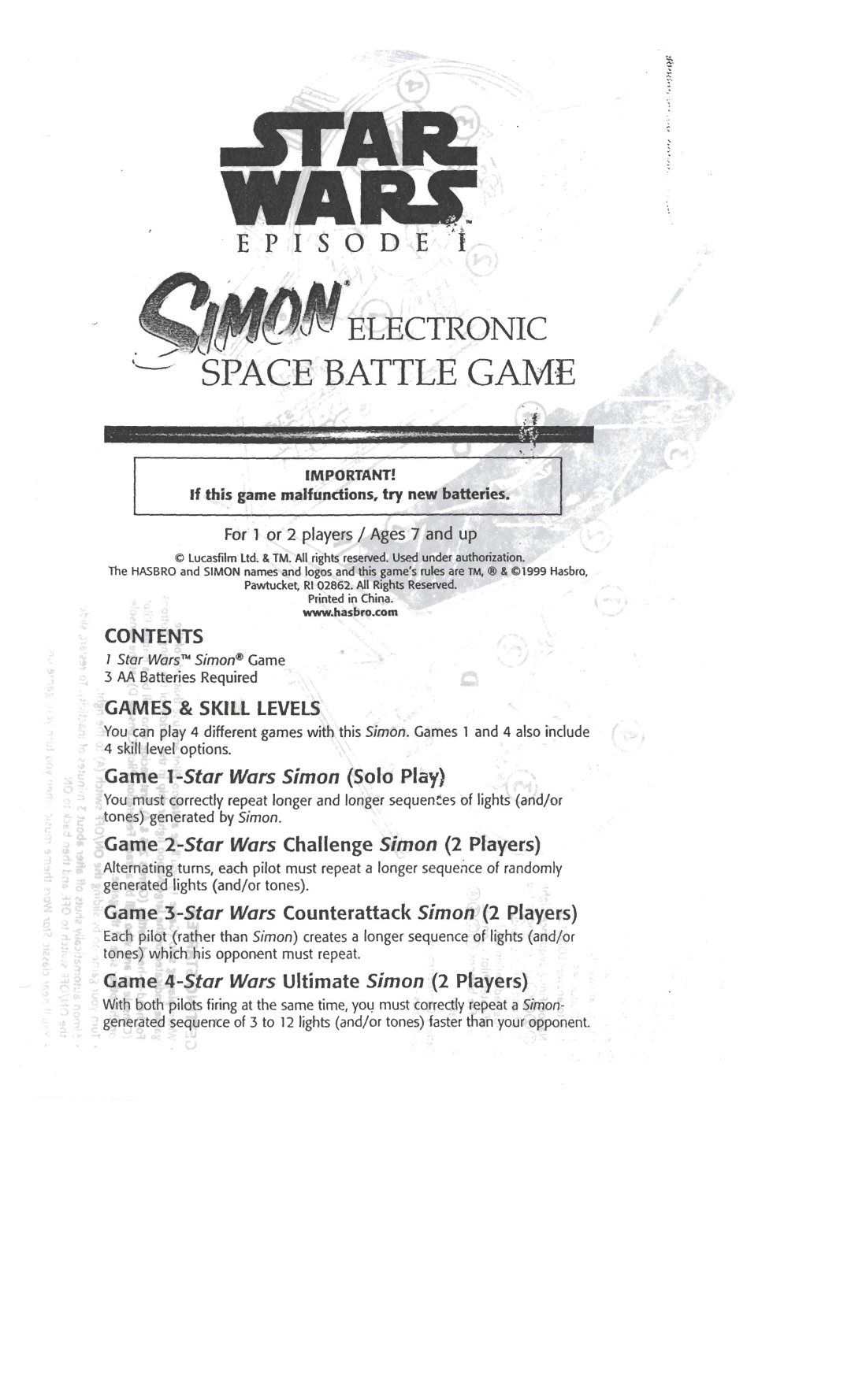 Hasbro manual W B R O and Simon 