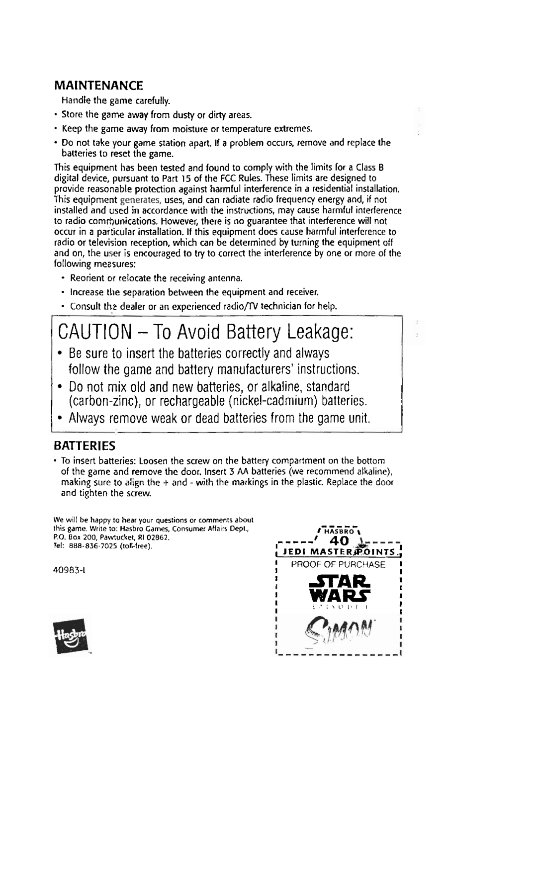 Hasbro Simon manual Maintenance, Batteries 