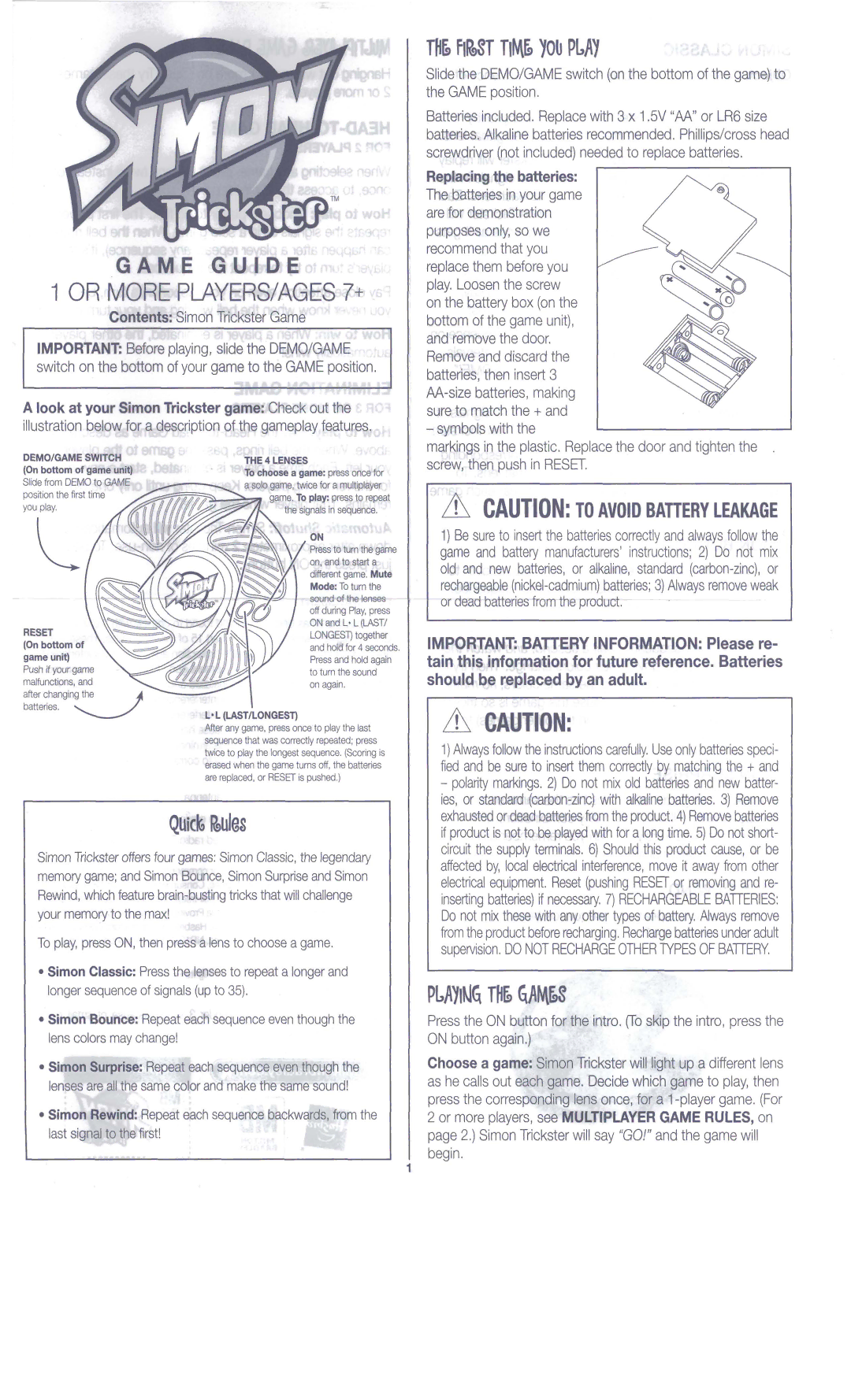 Hasbro Trickster Game manual QuickKid88 