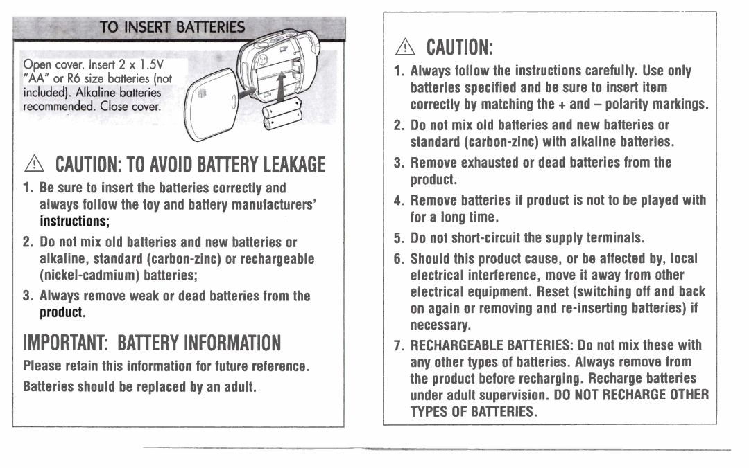 Hasbro VcamNow 2.0 manual Important Battery Information 