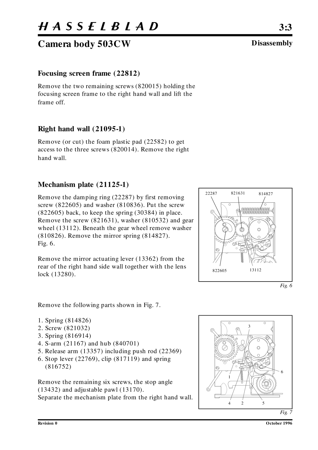 Hasselblad 10026 service manual Focusing screen frame, Right hand wall, Mechanism plate 