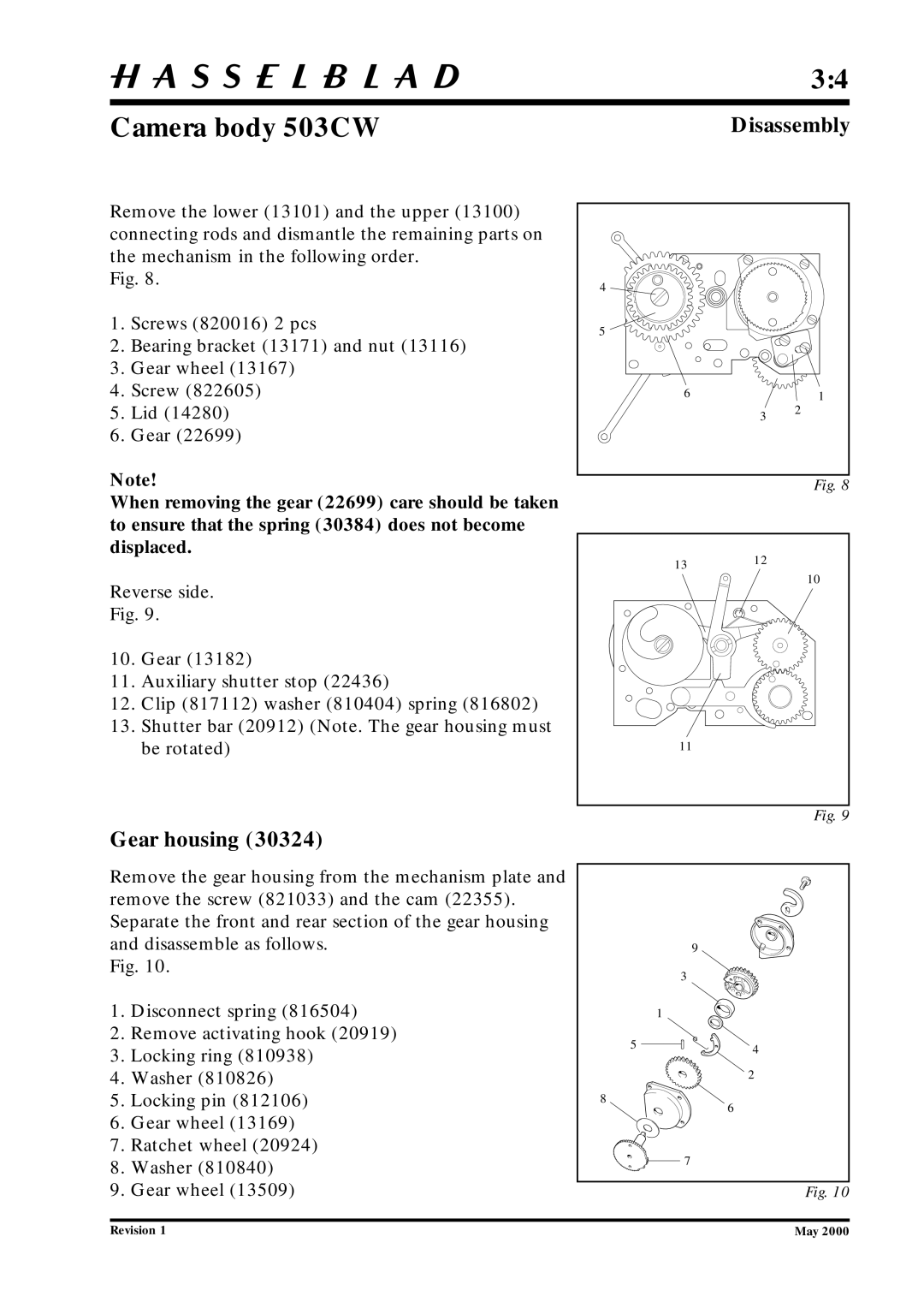 Hasselblad 10026 service manual Gear housing 