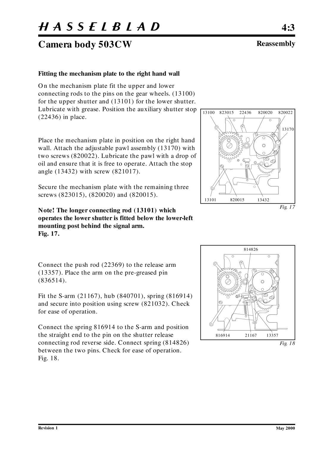 Hasselblad 10026 service manual Fitting the mechanism plate to the right hand wall 