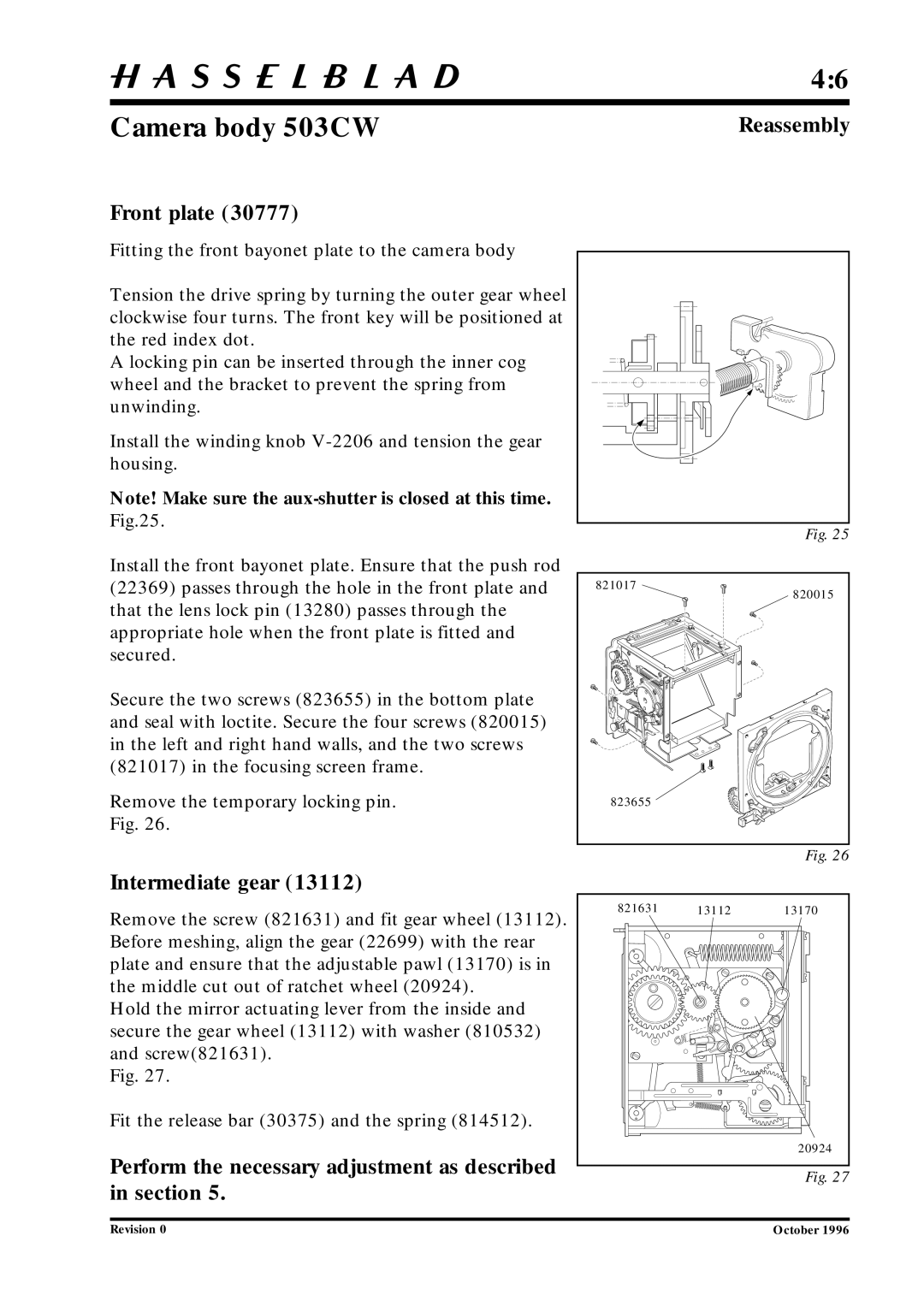 Hasselblad 10026 service manual Front plate, Intermediate gear, Perform the necessary adjustment as described in section 