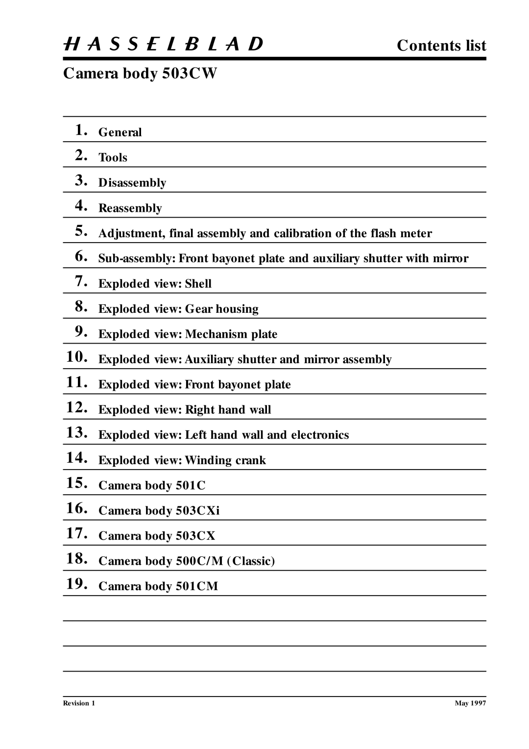 Hasselblad 10026 service manual Contents list Camera body 503CW 