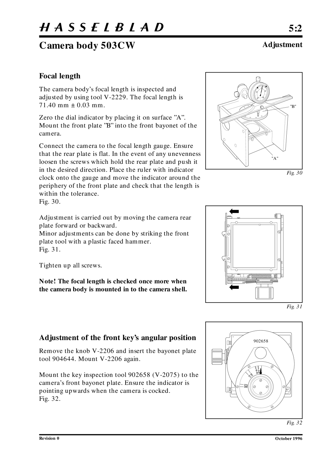 Hasselblad 10026 service manual Focal length, Adjustment of the front key’s angular position 