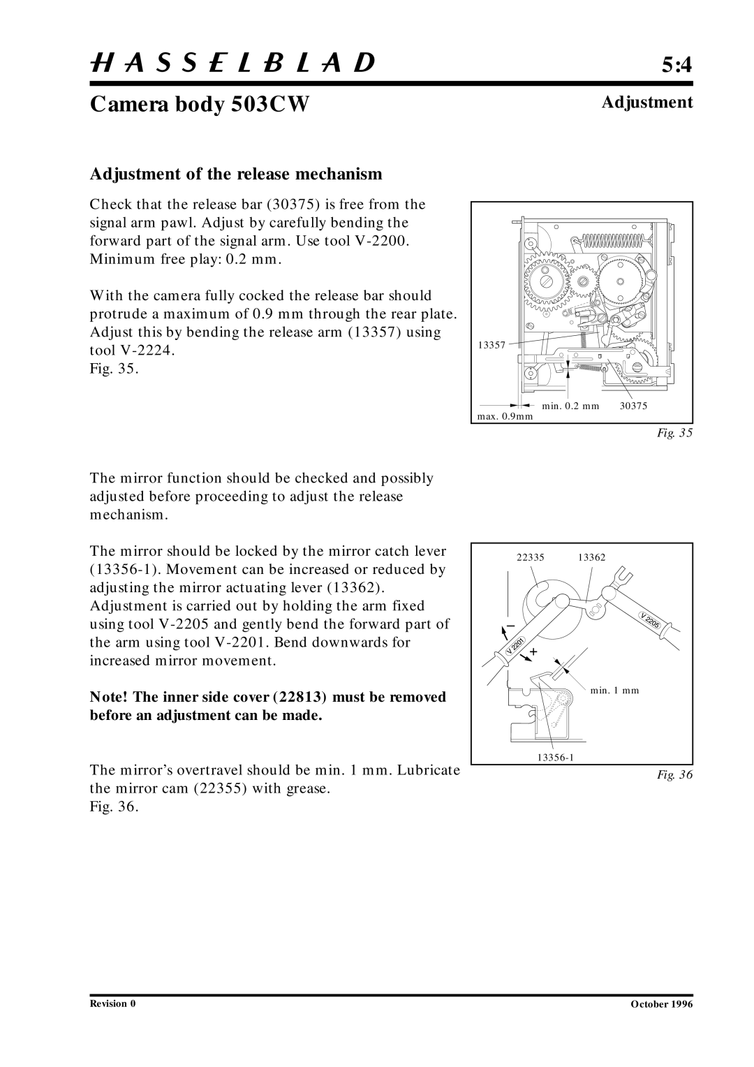 Hasselblad 10026 service manual Adjustment of the release mechanism 