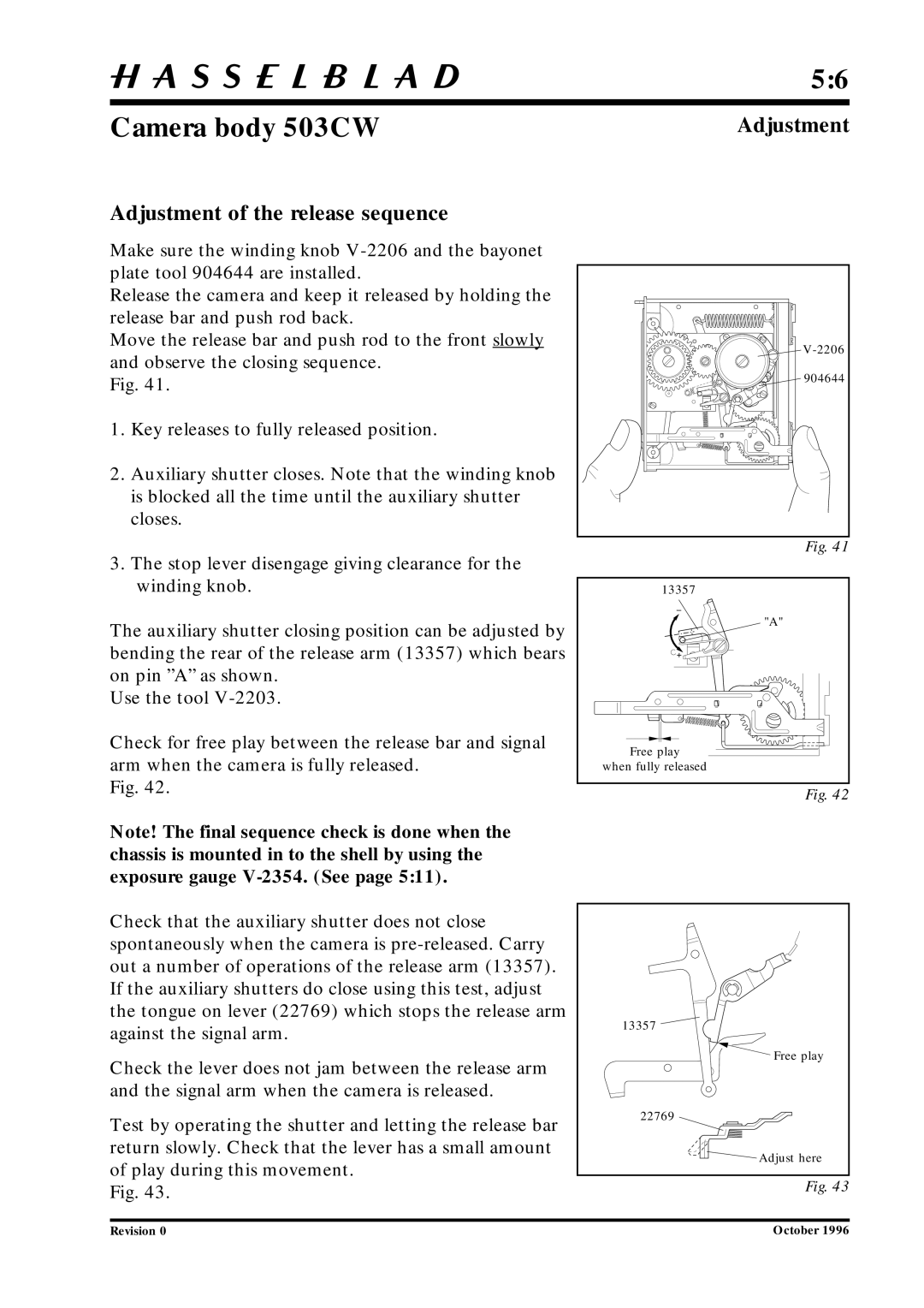 Hasselblad 10026 service manual Adjustment of the release sequence 