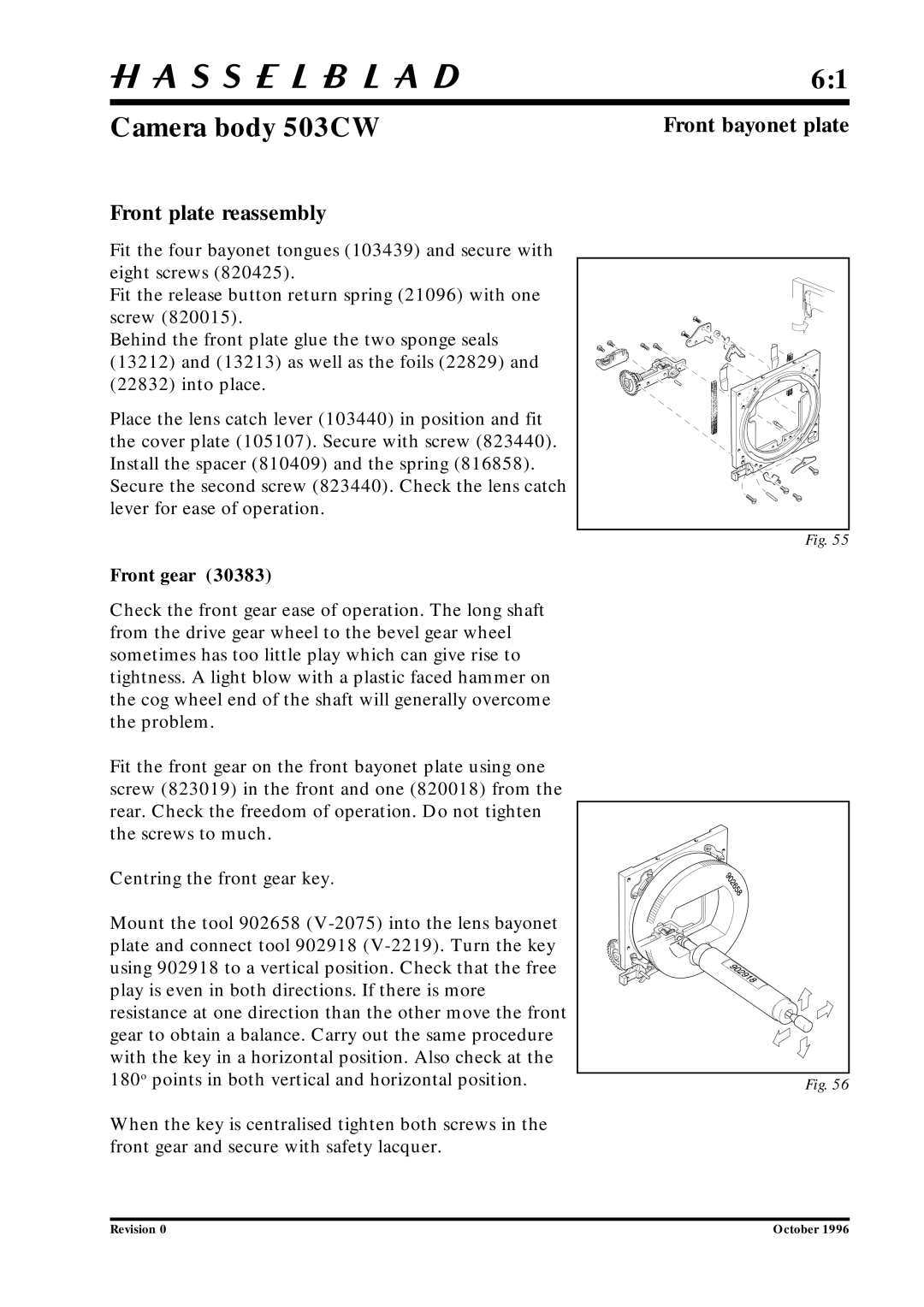 Hasselblad 10026 service manual Front plate reassembly, Front gear 