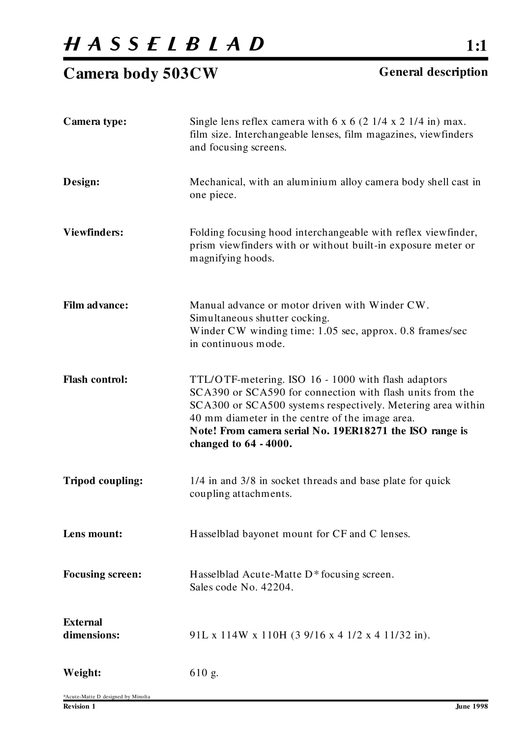 Hasselblad 10026 service manual General description, Camera type 