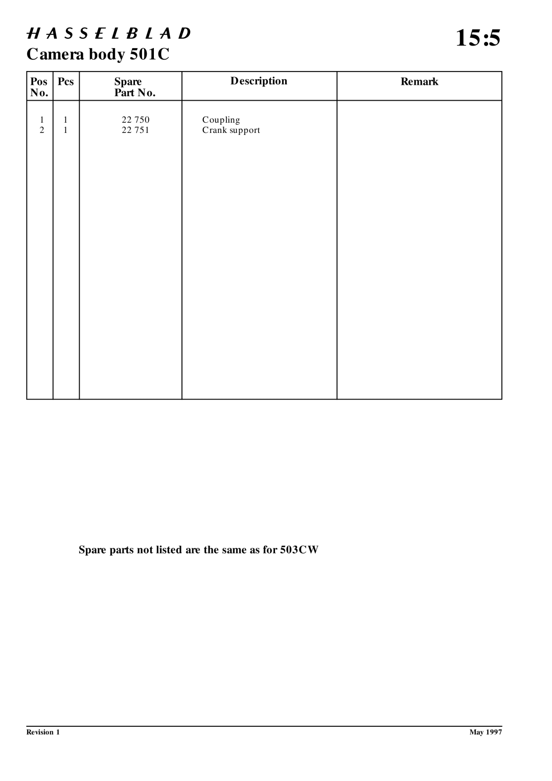 Hasselblad 10026 service manual Coupling Crank support 