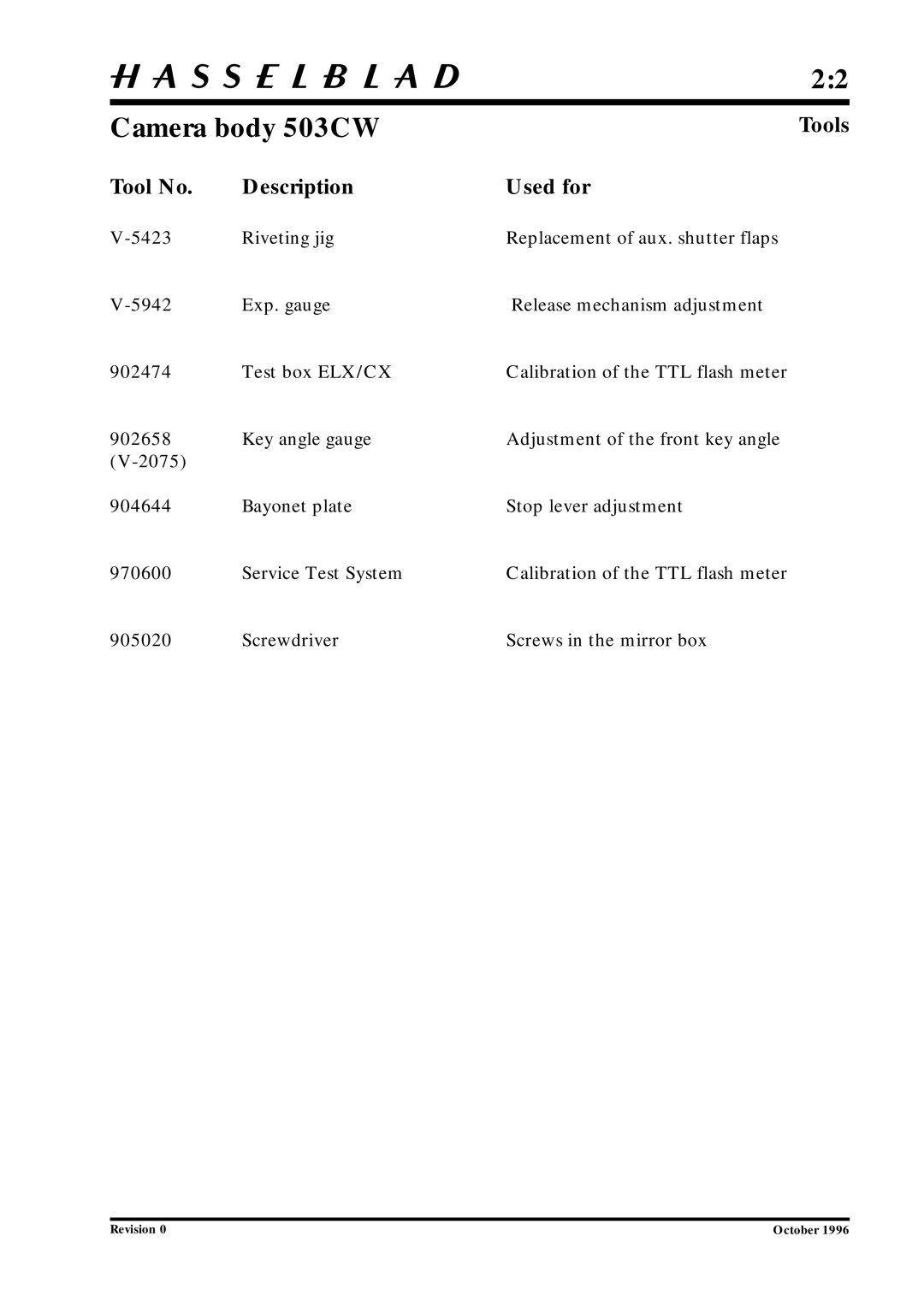 Hasselblad 10026 service manual Tools, Tool No Description Used for 