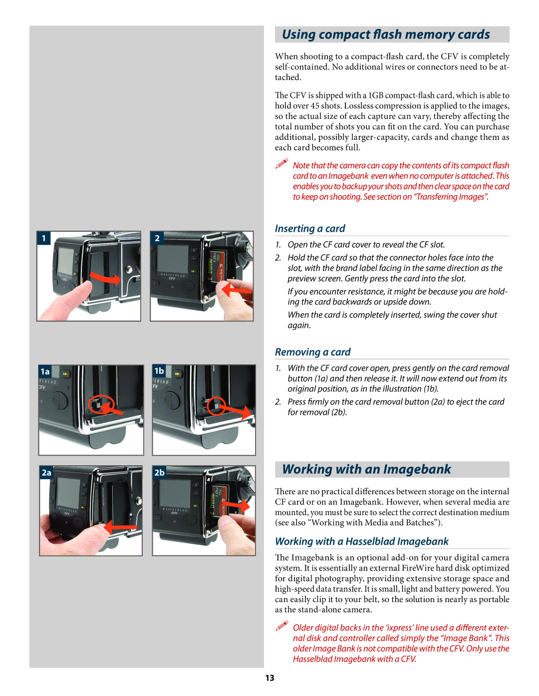 Hasselblad 3034216 user manual Using compact ﬂash memory cards, Working with an Imagebank, Removing a card, For removal 2b 