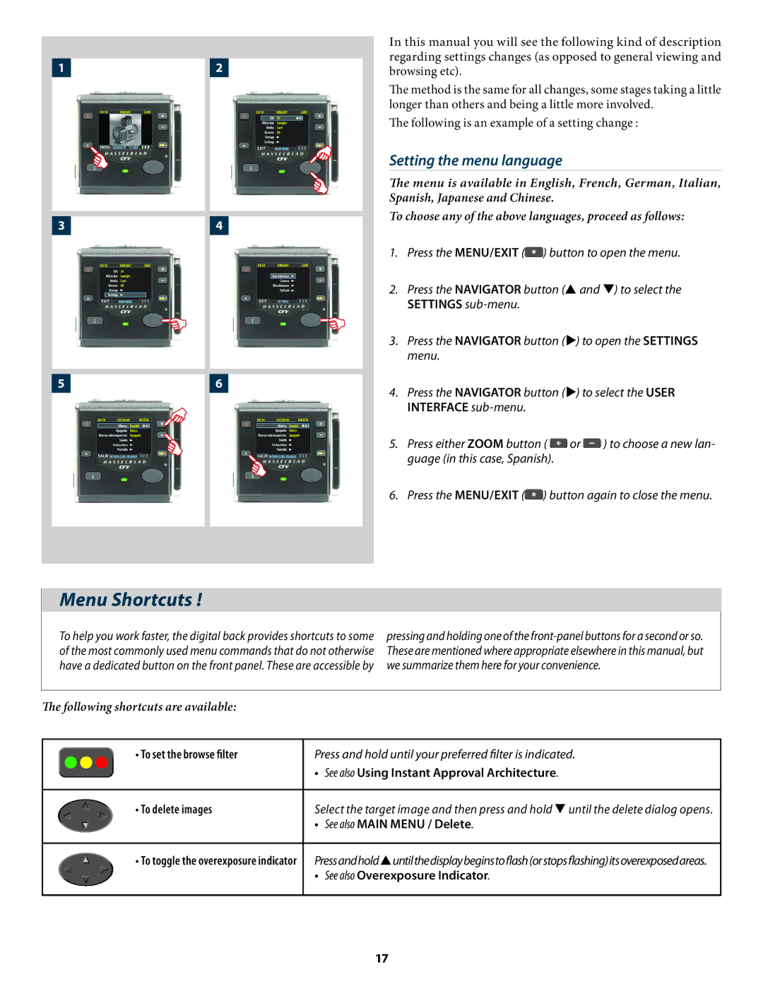 Hasselblad 3034216 user manual Menu Shortcuts, Setting the menu language 