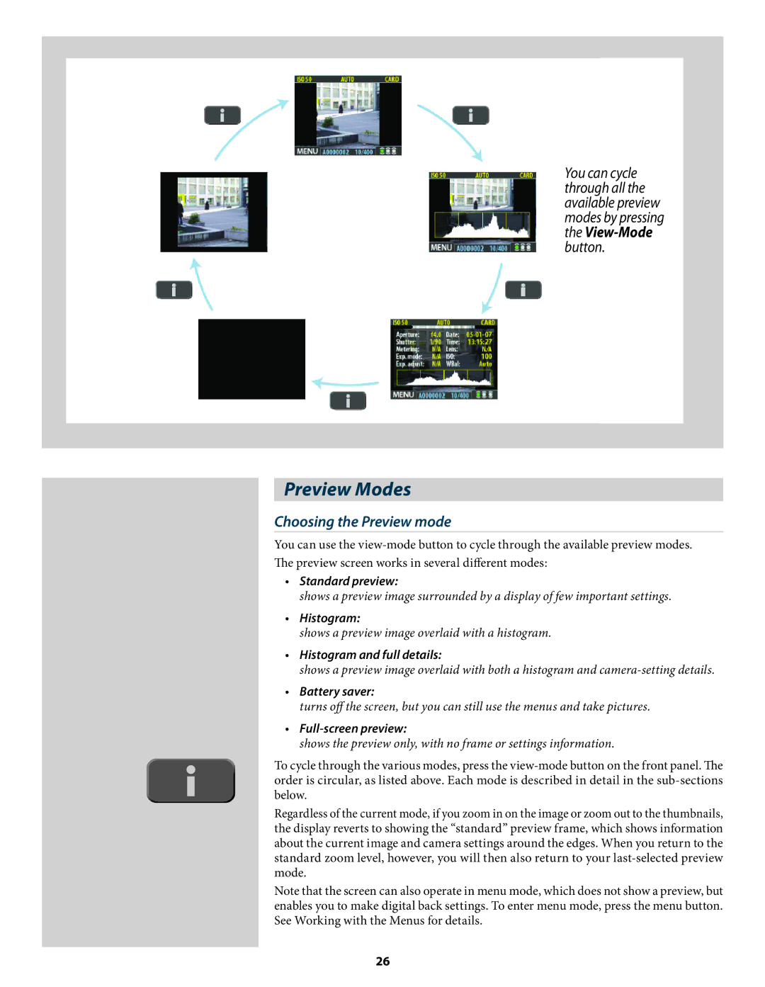 Hasselblad 3034216 user manual Preview Modes, Choosing the Preview mode 