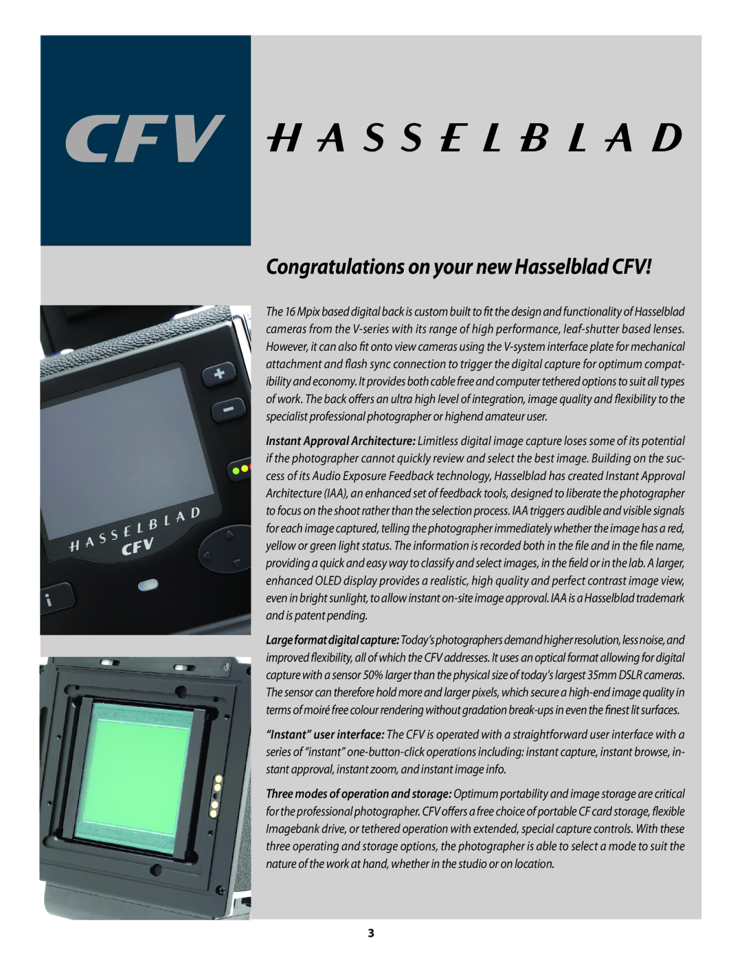 Hasselblad 3034216 user manual Congratulations on your new Hasselblad CFV 