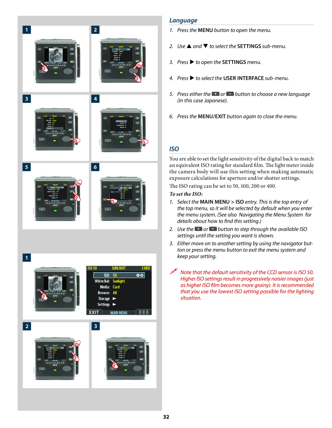 Hasselblad 3034216 user manual Language, To set the ISO 