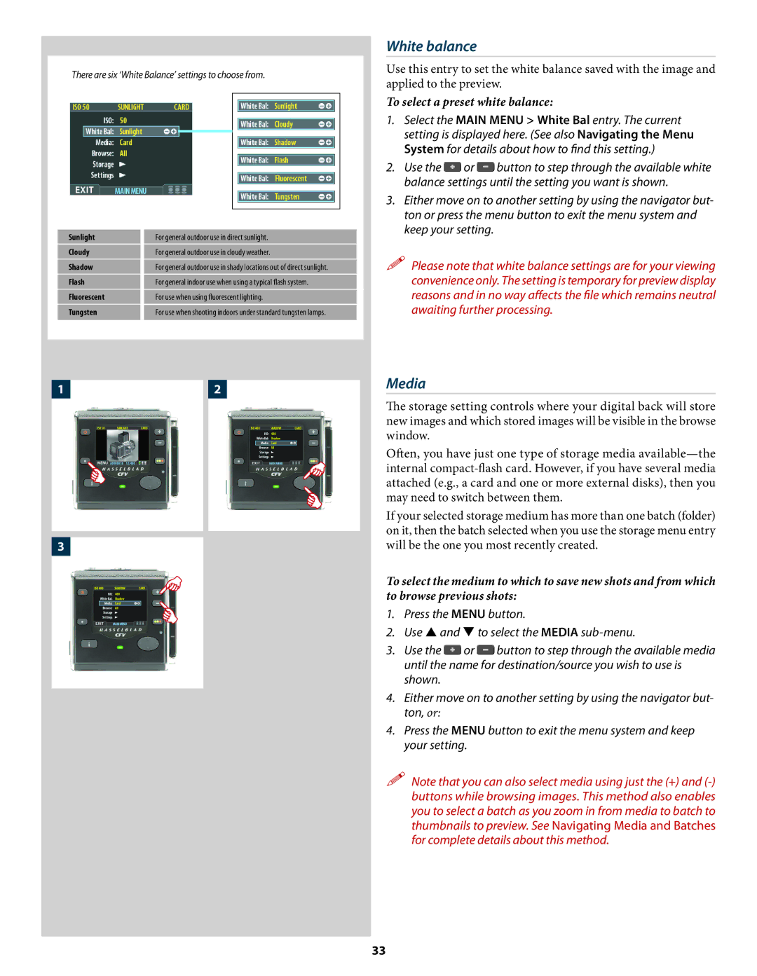 Hasselblad 3034216 user manual White balance, Media, To select a preset white balance 