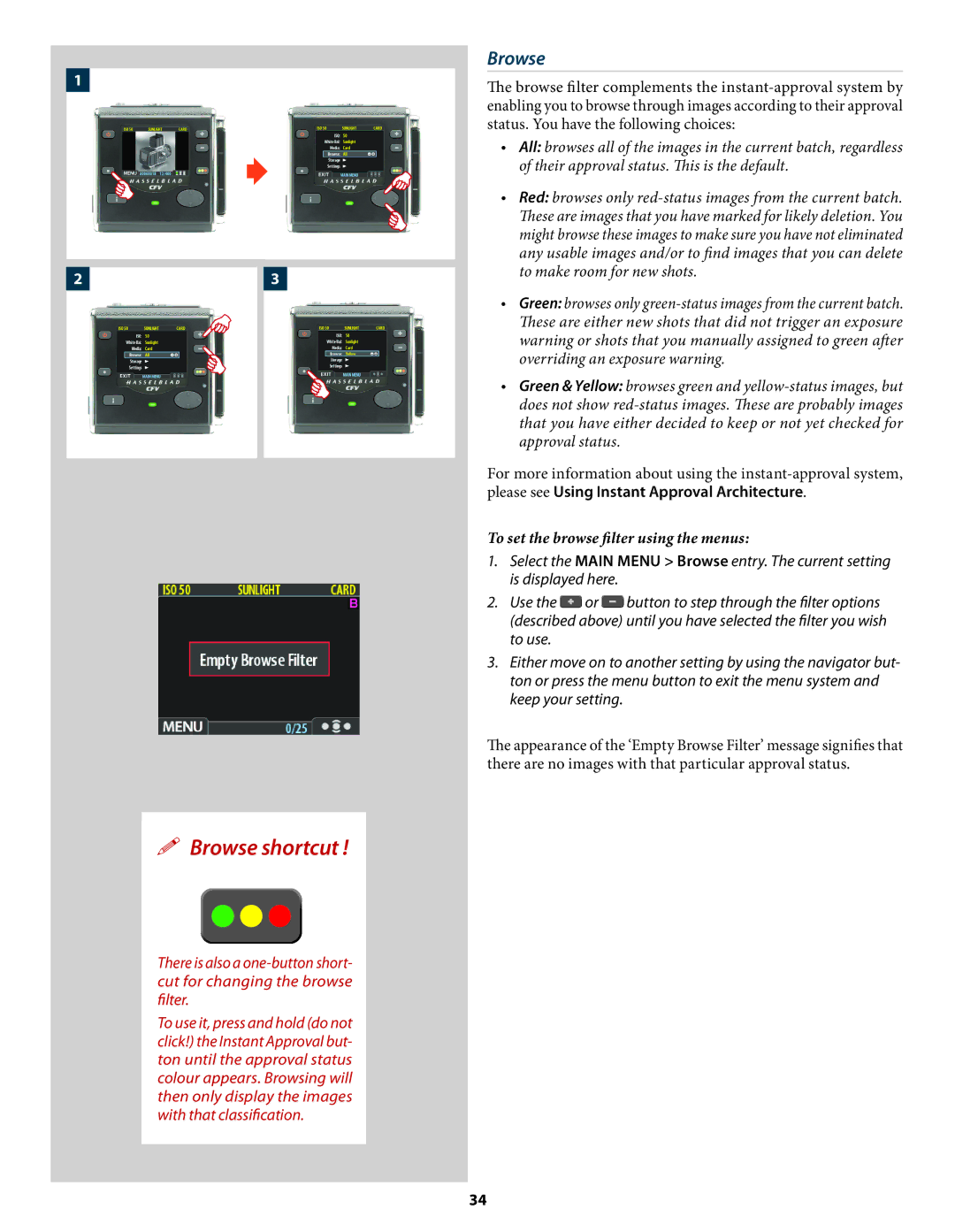 Hasselblad 3034216 user manual Browse, To set the browse ﬁlter using the menus 