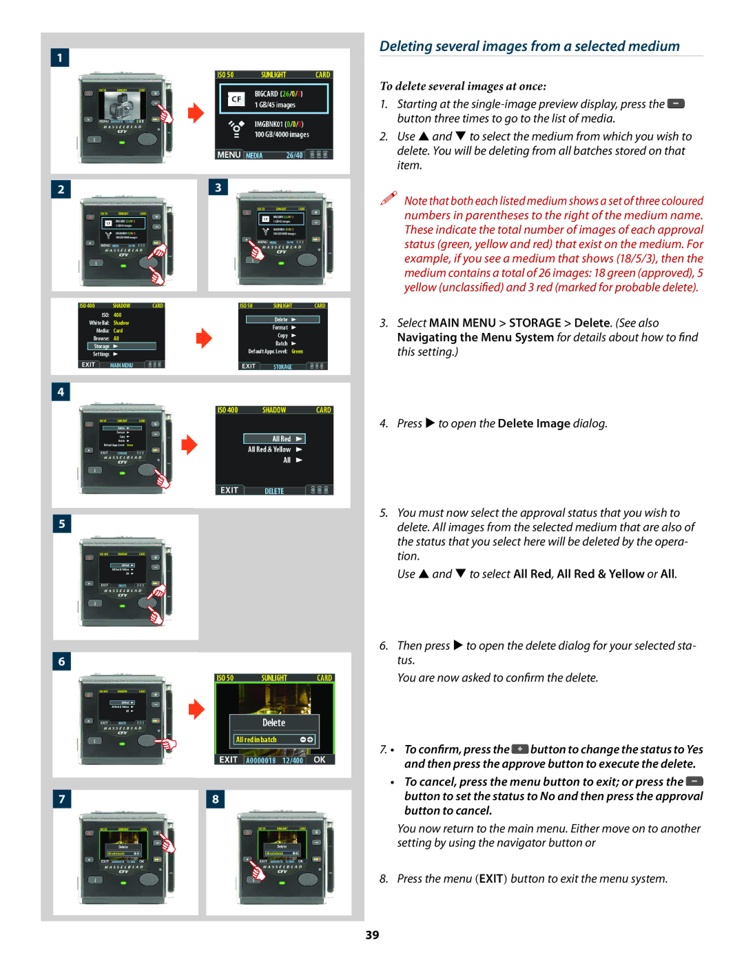 Hasselblad 3034216 Deleting several images from a selected medium, To delete several images at once, Button to cancel 