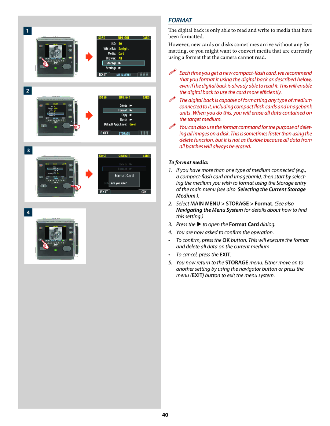 Hasselblad 3034216 user manual Format, To format media 