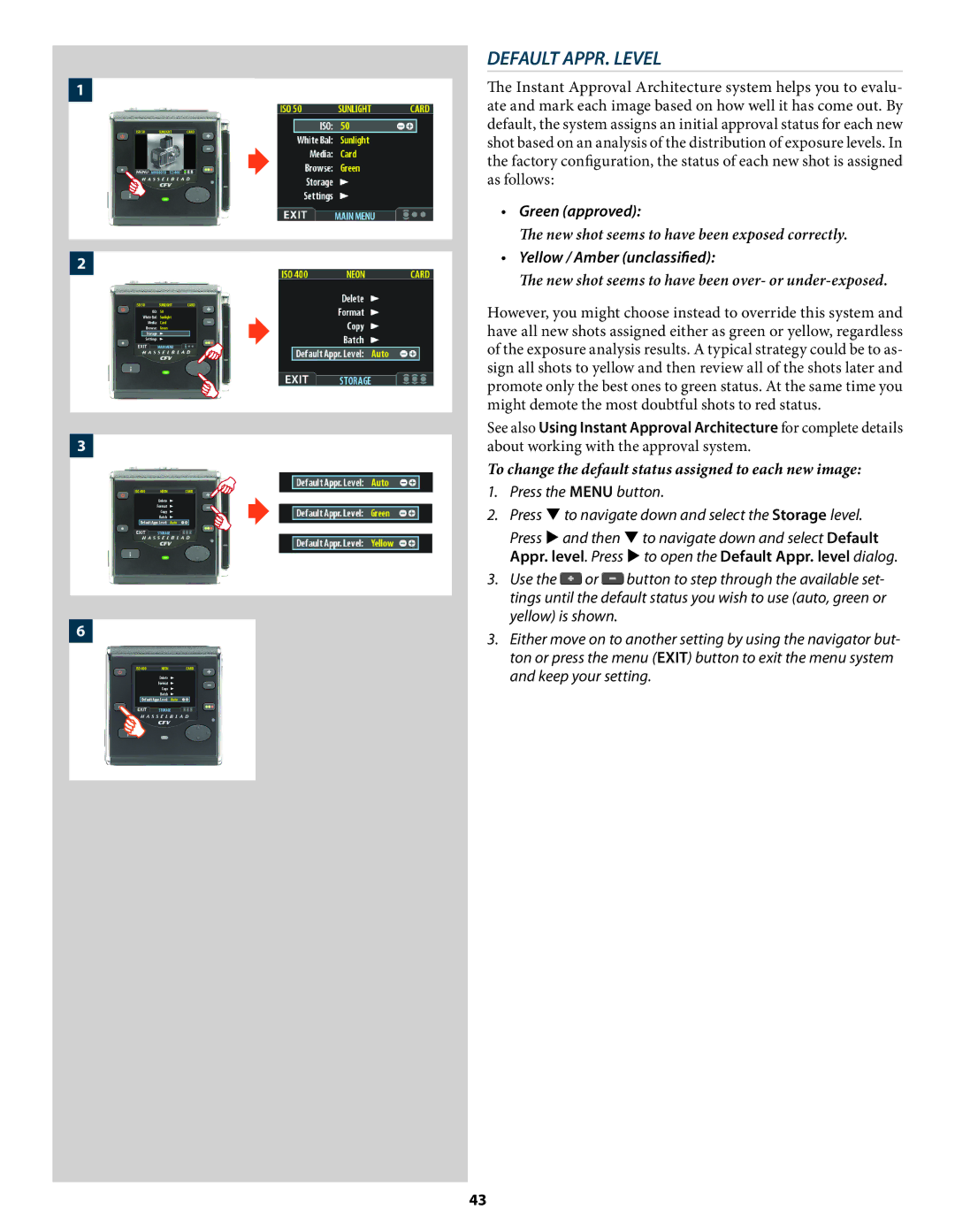 Hasselblad 3034216 user manual Default APPR. Level, To change the default status assigned to each new image 