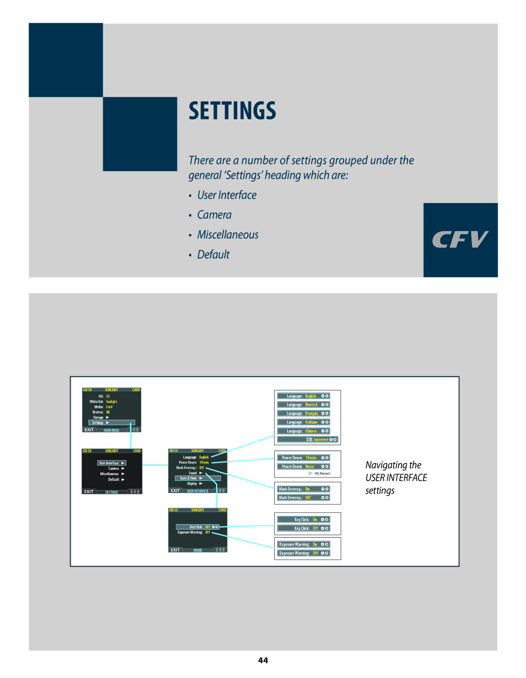 Hasselblad 3034216 user manual Settings 