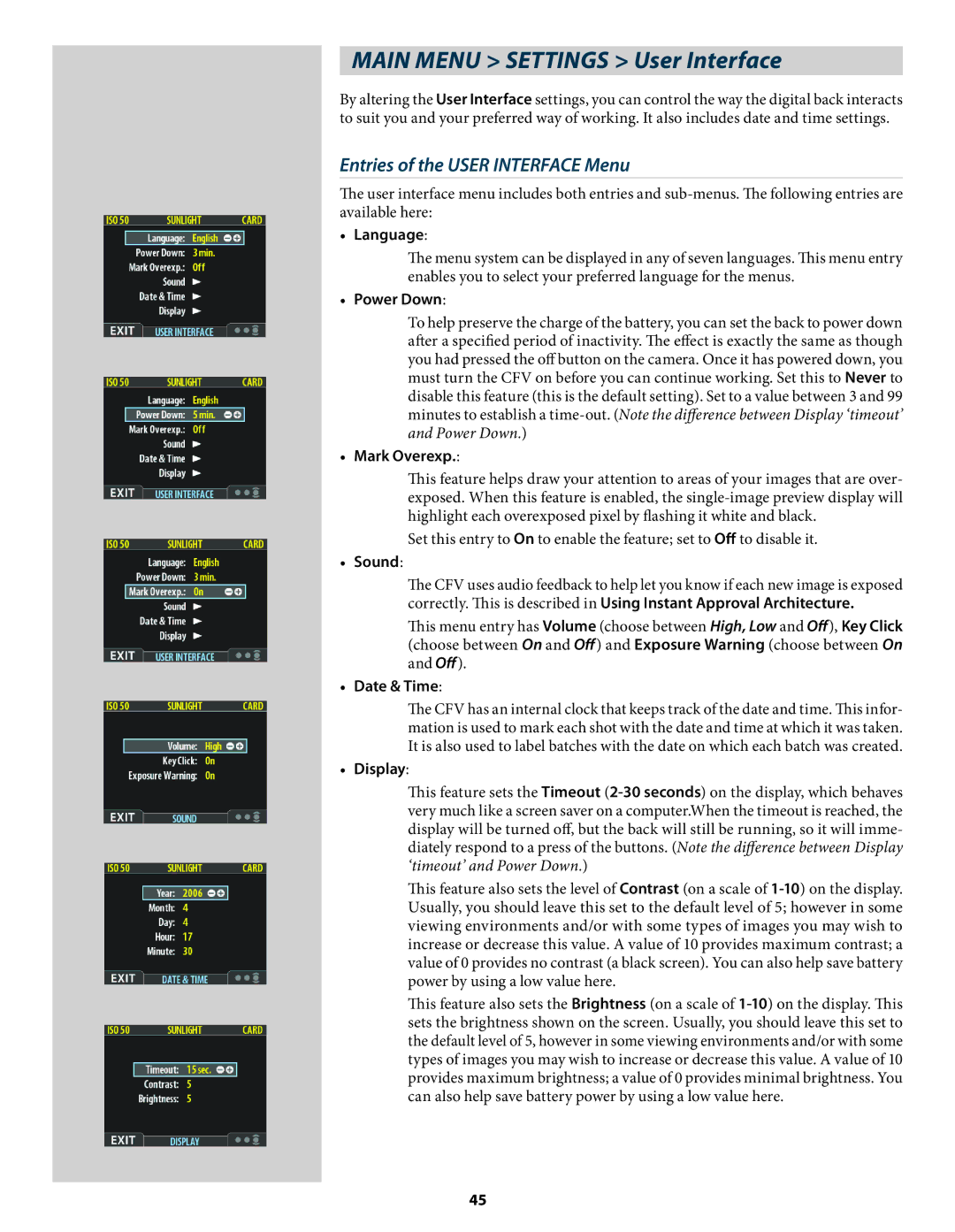 Hasselblad 3034216 user manual Main Menu Settings User Interface, Entries of the User Interface Menu 